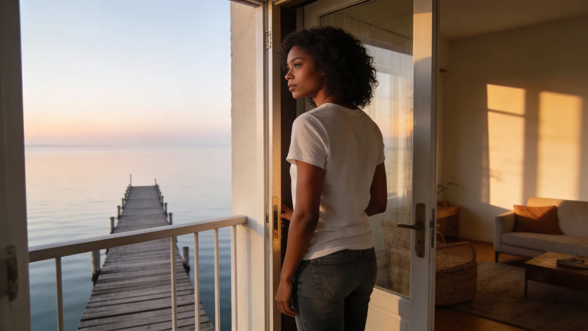 Man paused at open balcony door threshold showing how survival hijacks normal moments in the body