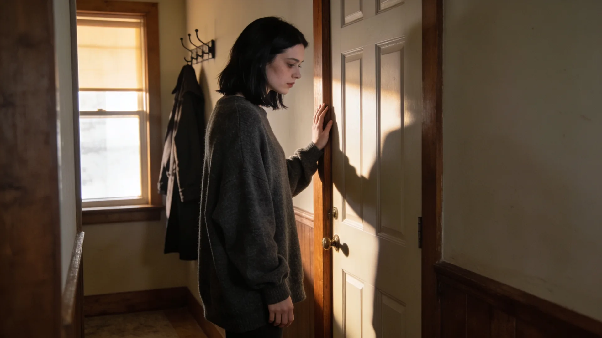 Spiritual awakening and losing friends — standing in a hallway looking at a closed front door, hand on the door frame, spiritual awakening losing friends