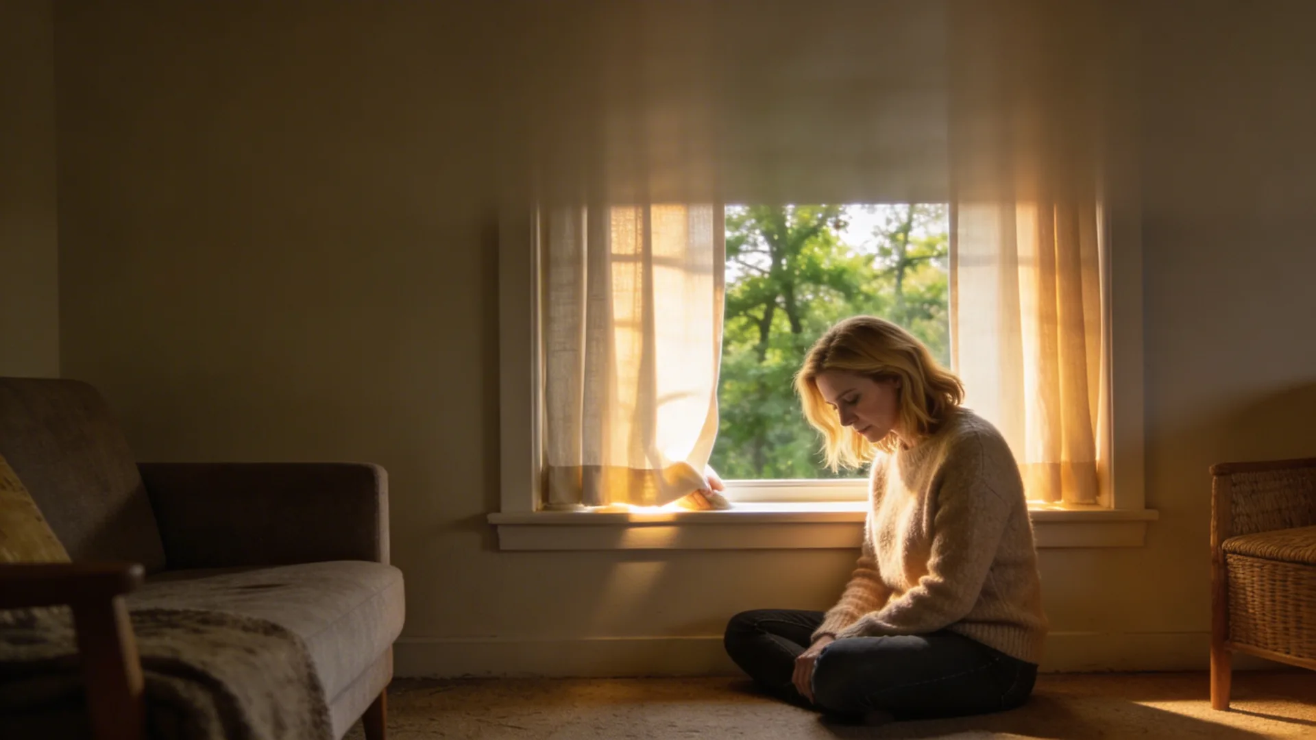 Woman opening curtain to morning light as a 10-minute practice to find your next real step