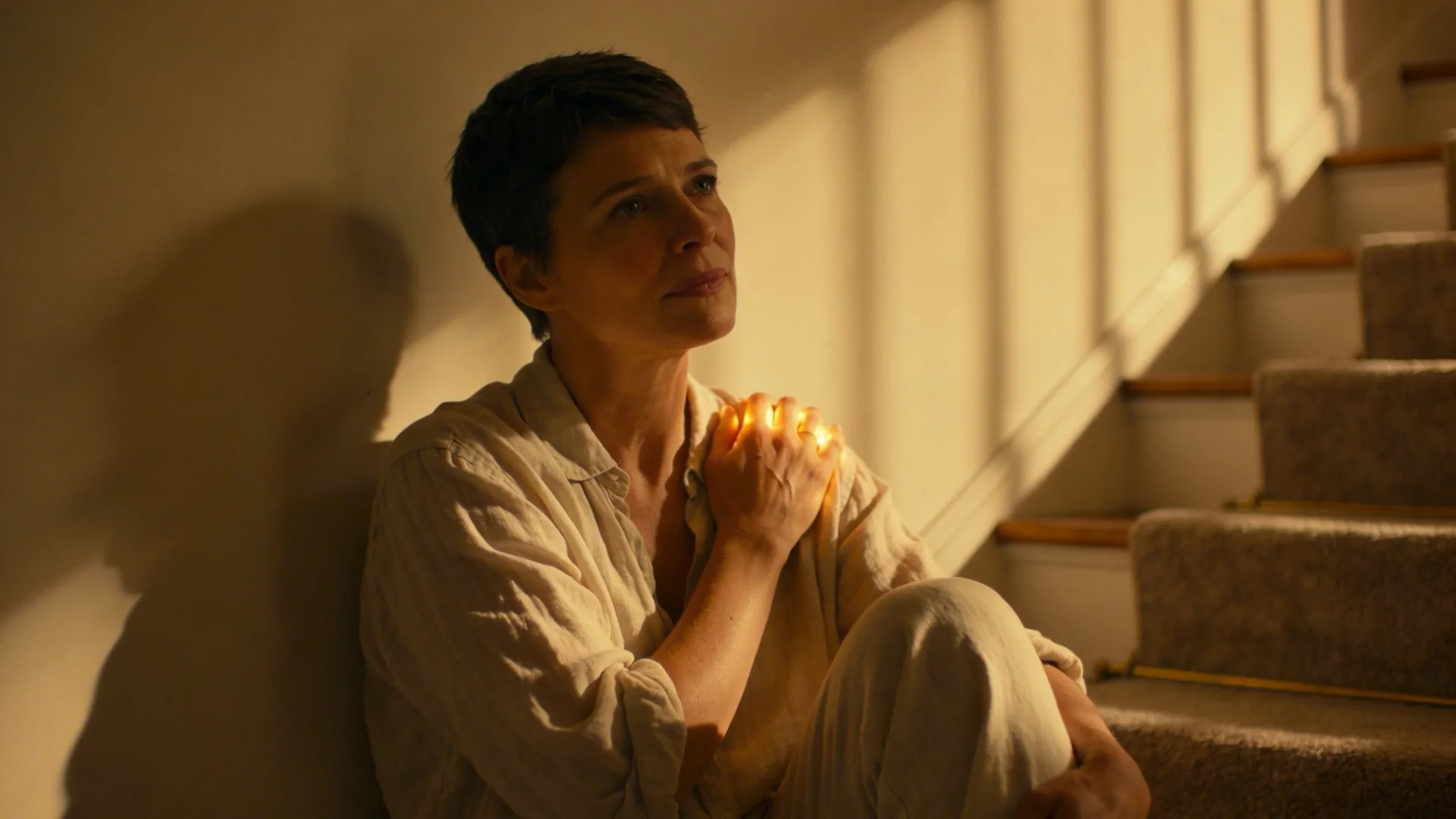 Woman sitting on staircase landing in natural light experiencing disorienting spiritual awakening symptoms