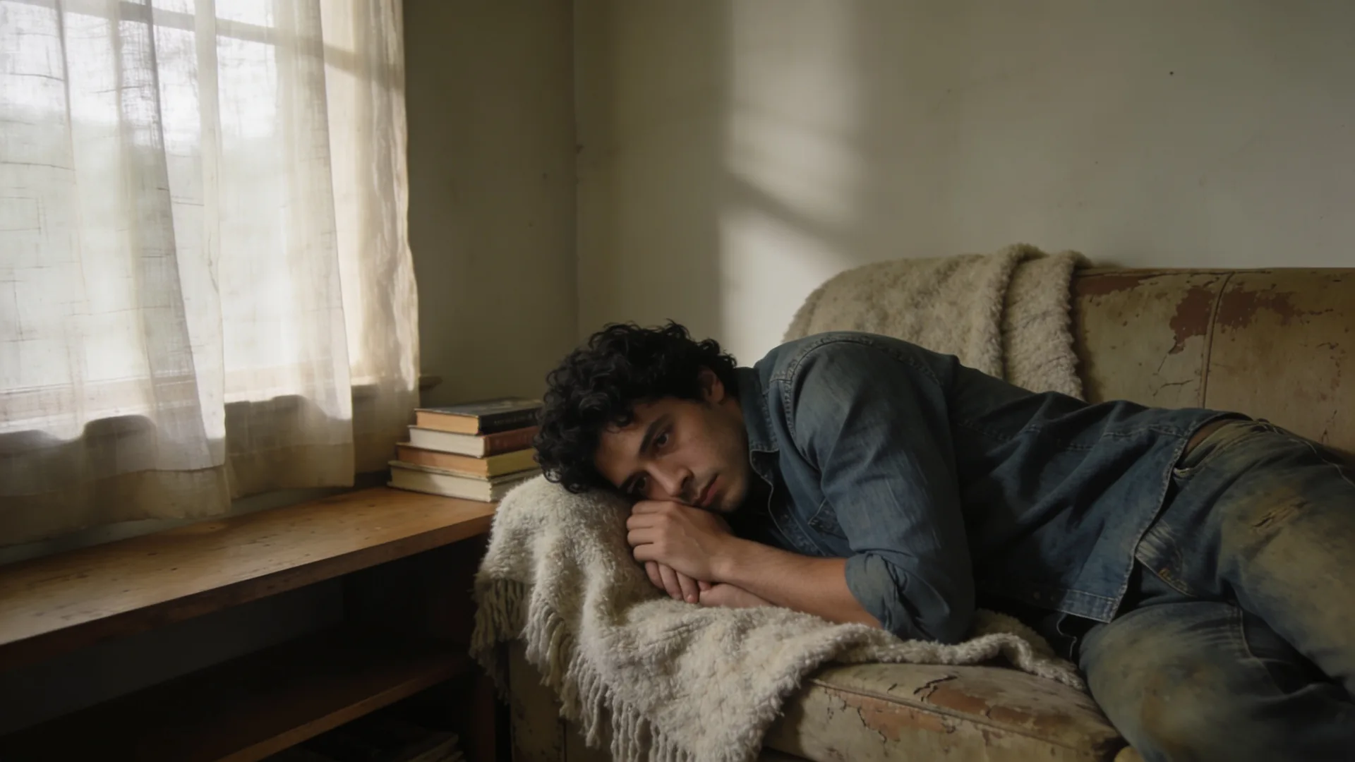 Spiritual depression vs clinical depression — lying on the side on a couch under a wool throw, flat overcast light