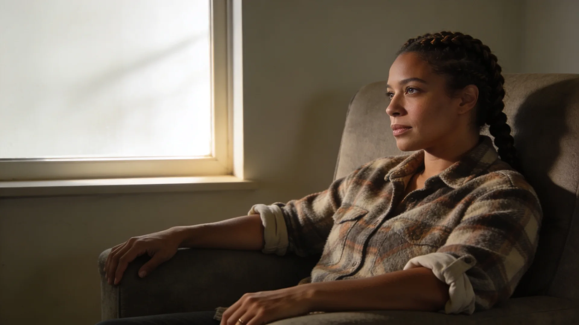 Woman standing alone in quiet kitchen at dawn experiencing spiritual flatline after awakening with tense body posture