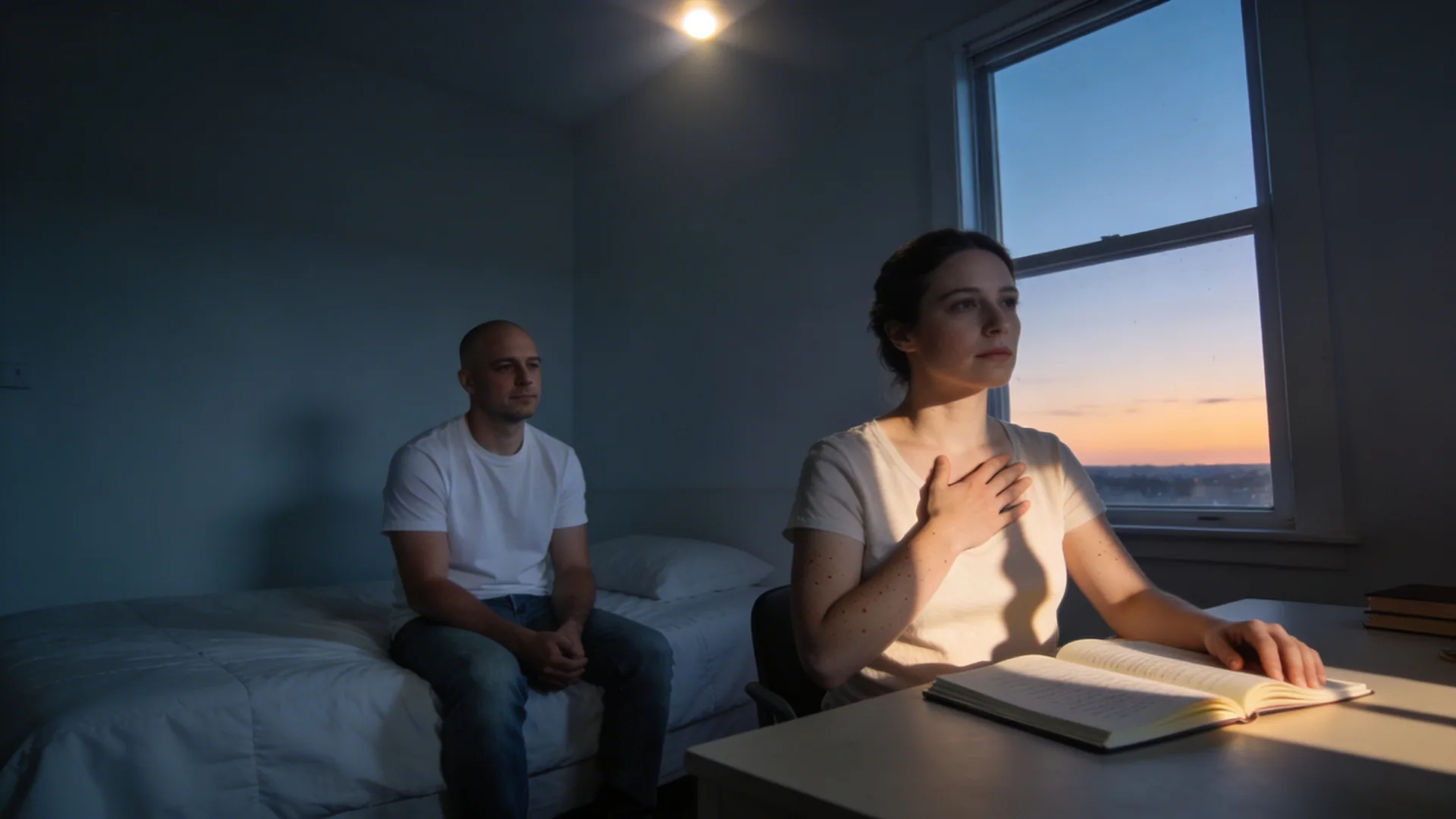 Woman sitting at desk with journals practicing spiritual shadow work, hand on chest, natural window light