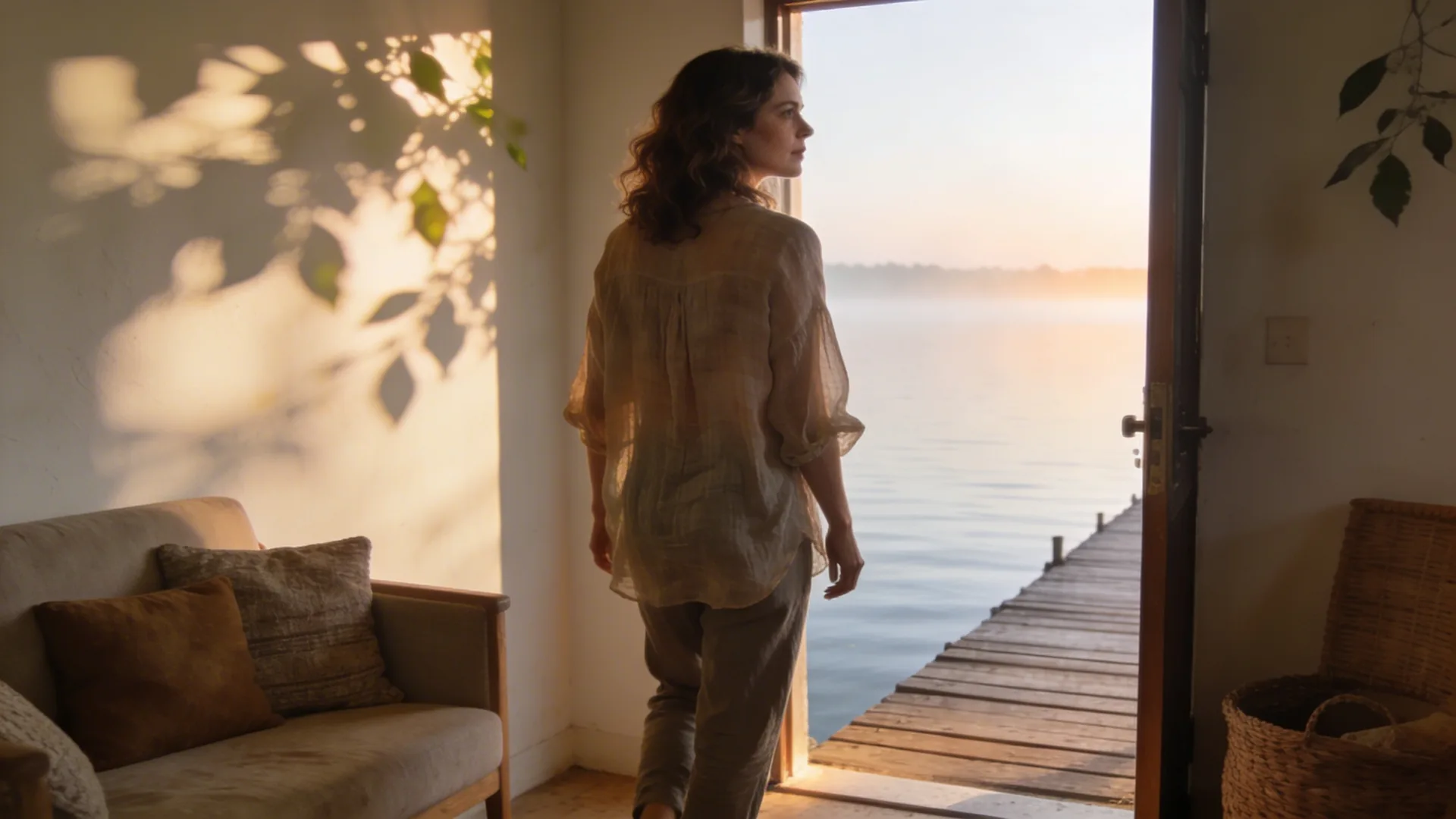 Woman paused at doorway threshold in dim hallway, spiritual shadow work begins when old strategies fail
