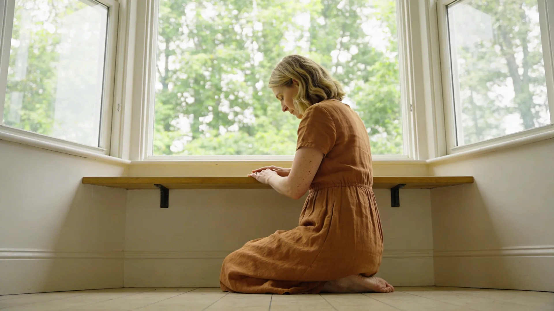 Hands resting palms down on wooden surface near warm bowl as a 10-minute reset when grief hits hard