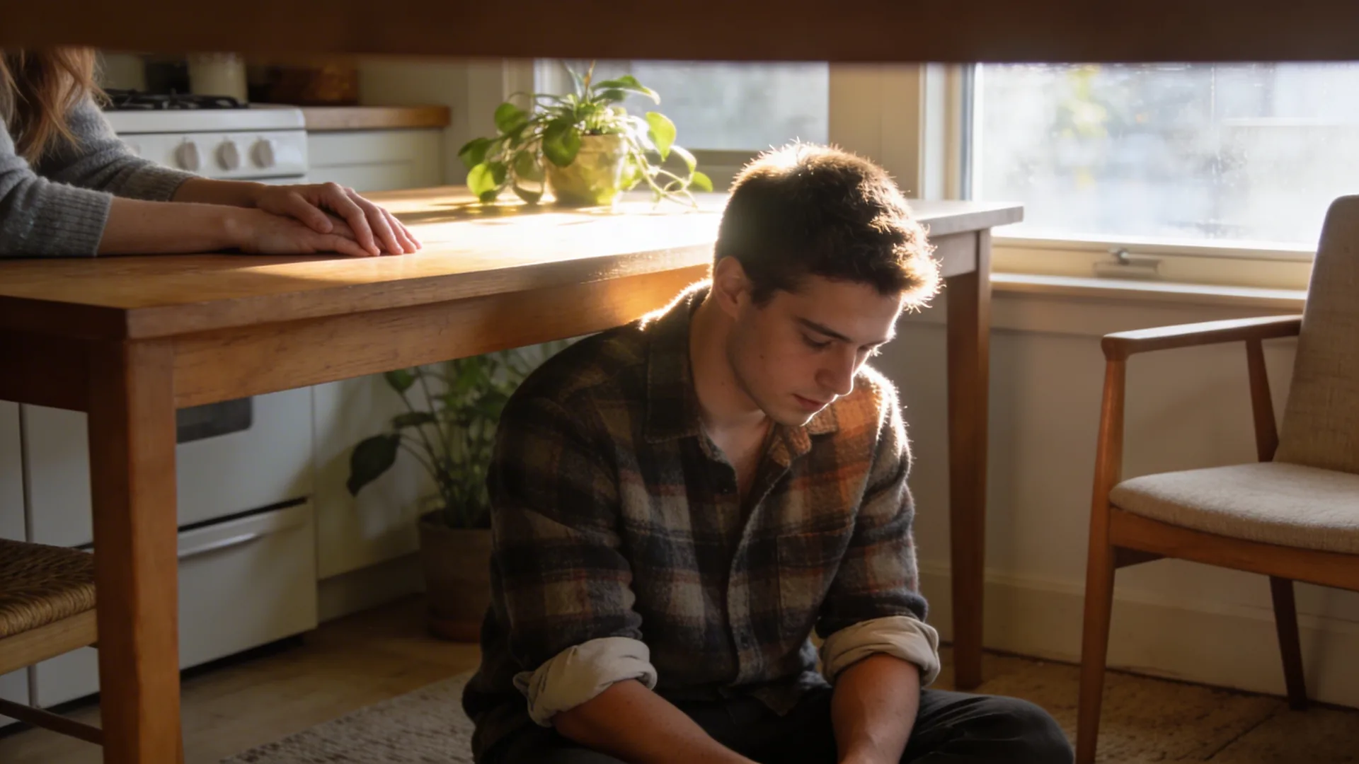 Woman's still hands around a cold ceramic mug on wooden table when the grief gets stuck