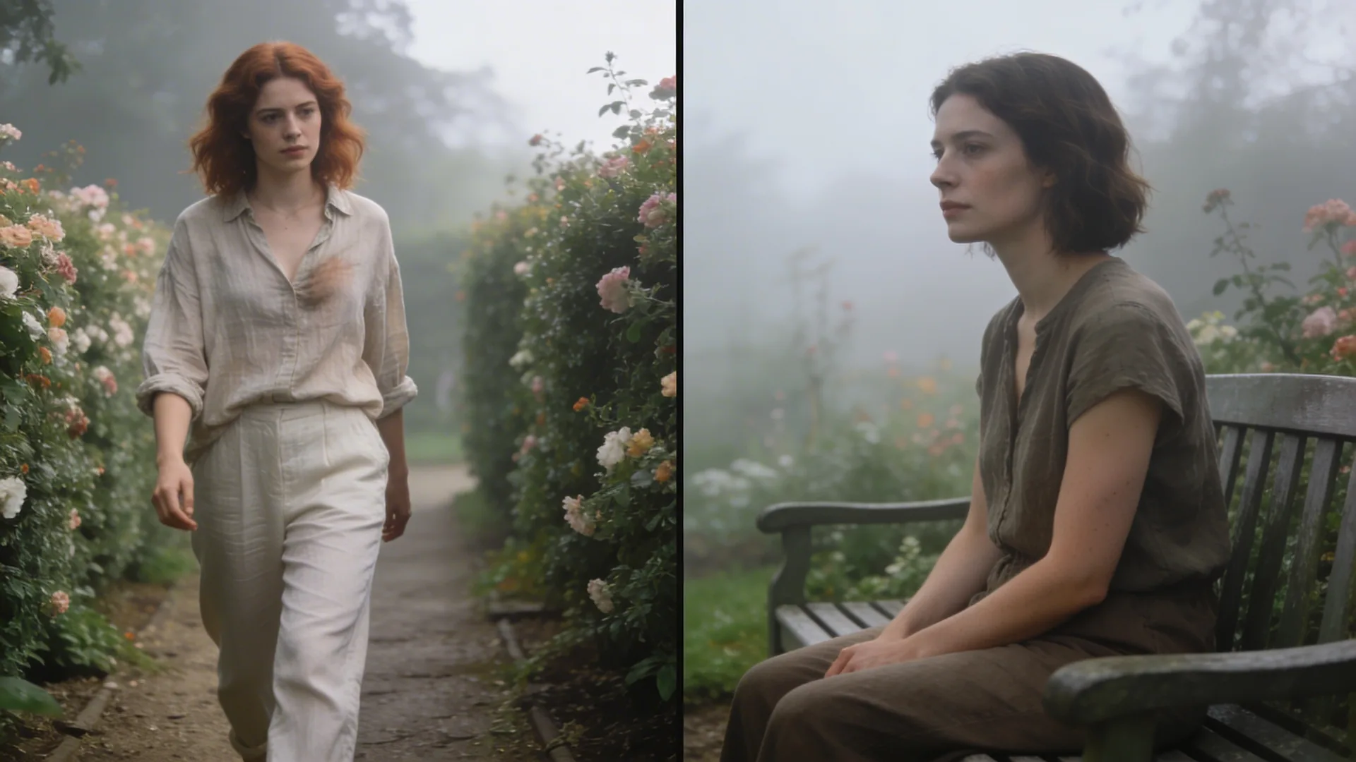Person sitting alone on garden bench in misty morning light reflecting on stages of grief divorce