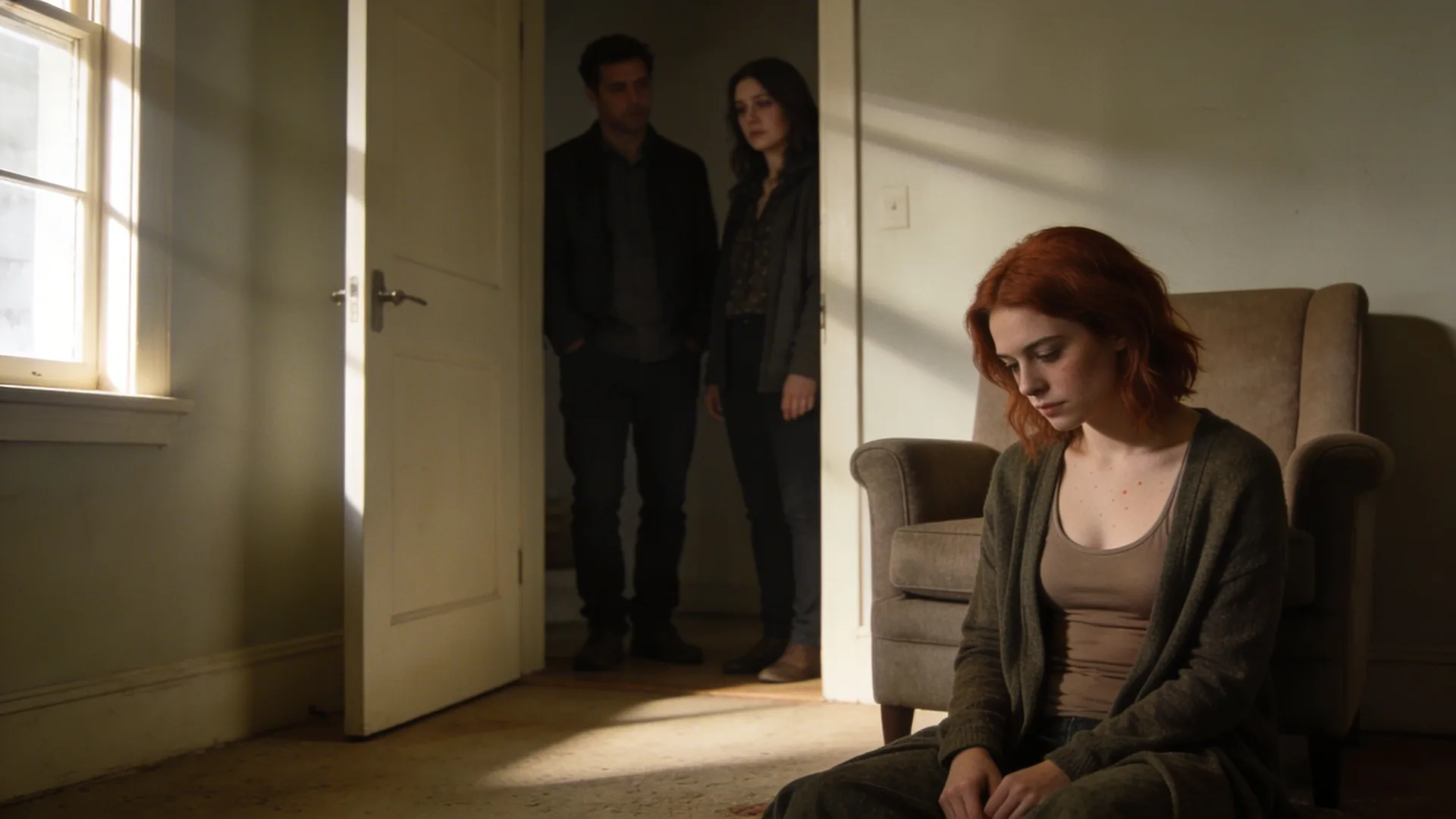 Two people standing quietly in a doorway with emotional distance showing stages of grief divorce triggers
