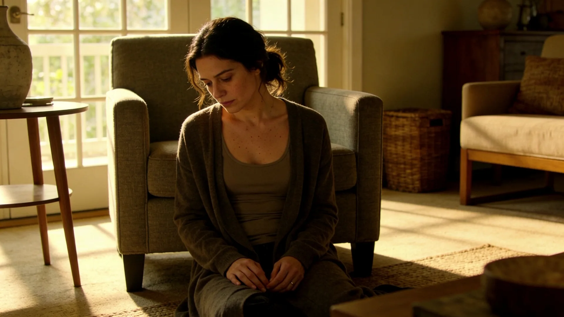 Person in feeling session posture on wooden floor practicing method for processing childhood trauma symptoms