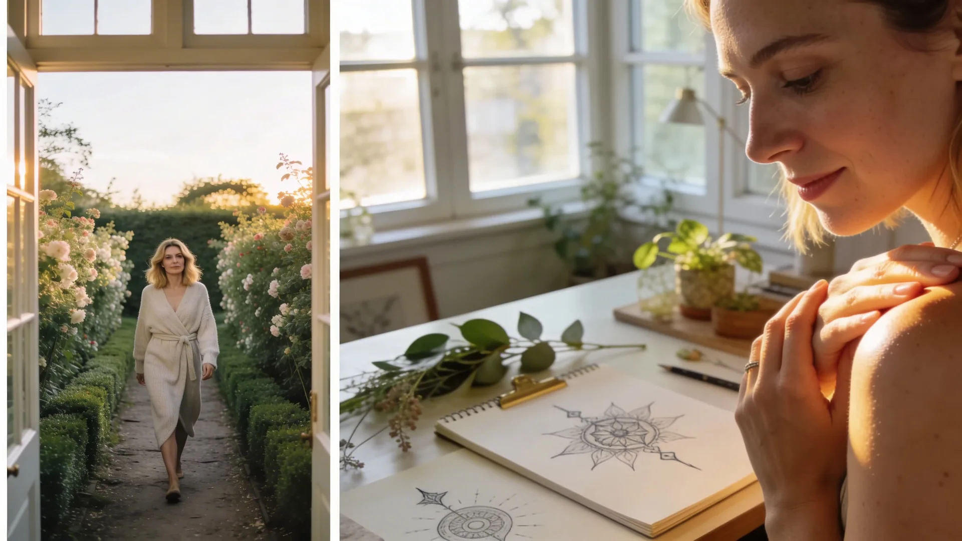 Person at studio desk with botanicals and sketchpad choosing a true symbol for emotional healing tattoo