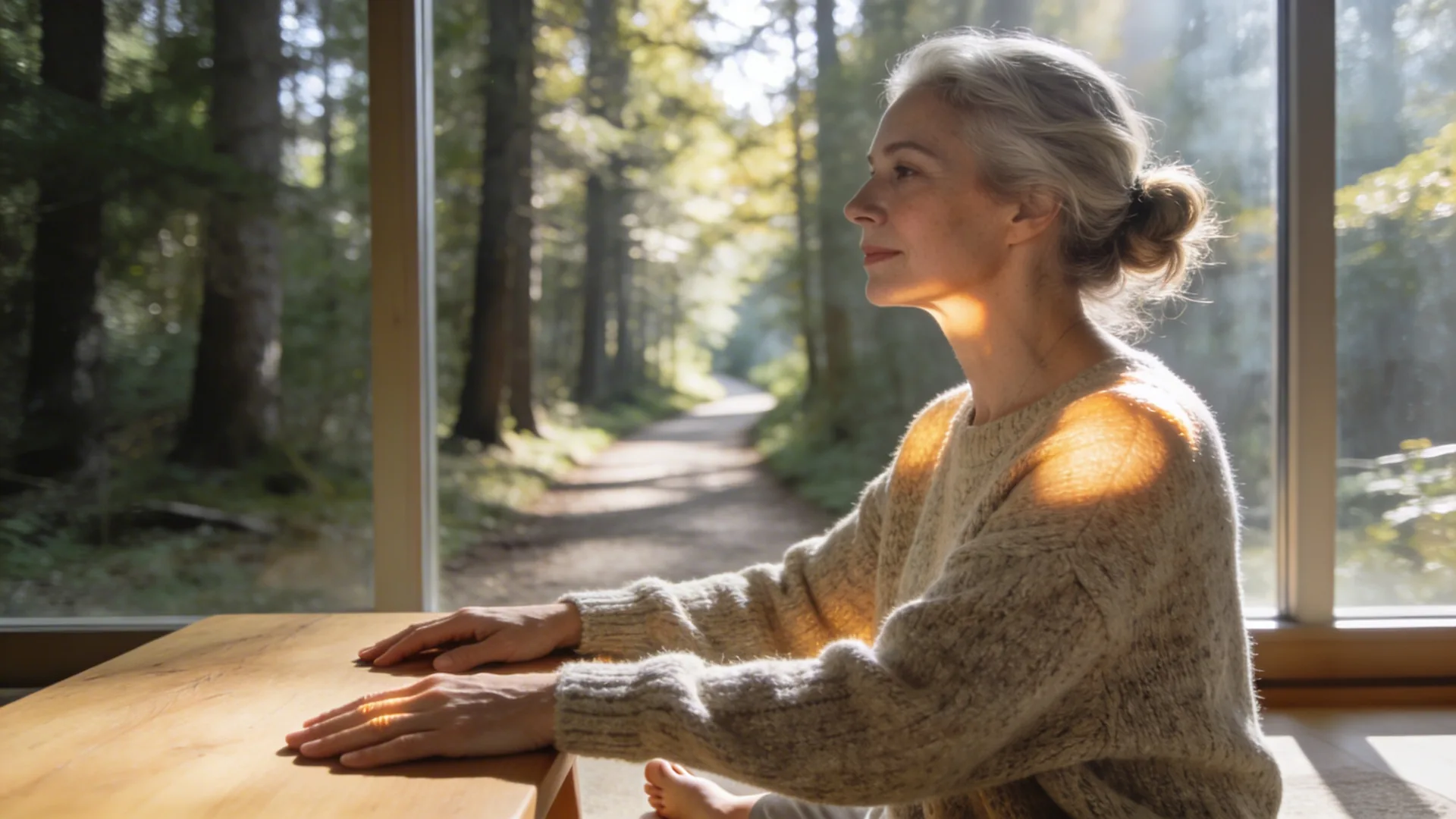 Hands resting gently around a ceramic mug on a wooden table, body settling after throat chakra release