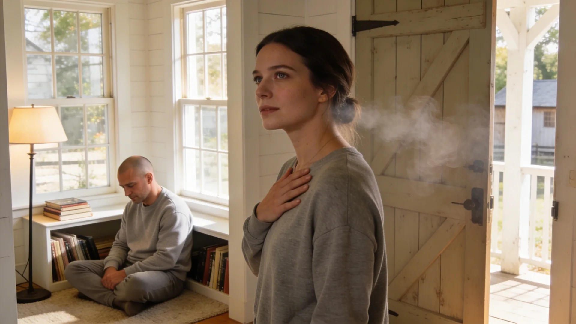 Woman with hand on chest standing in farmhouse doorway as what changes and what softens becomes visible in her breath