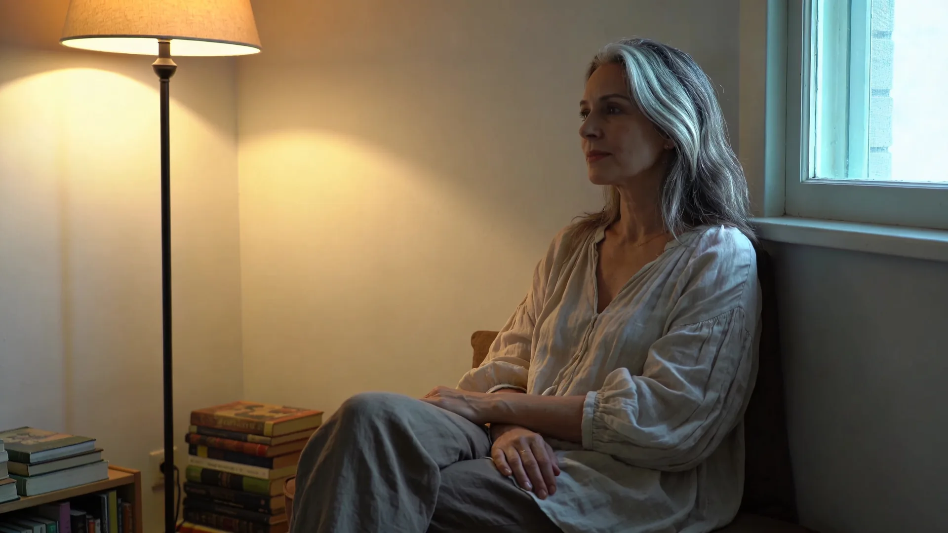 Woman standing alone in a living room facing a rain-streaked window, reflecting the inner tension of a toxic relationship