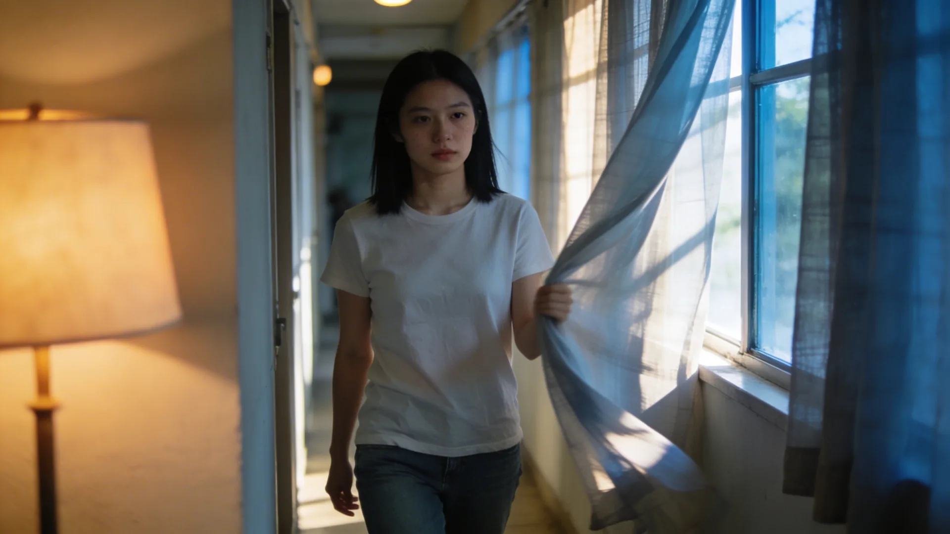 Woman pulling back a curtain in a dim hallway letting daylight in, one grounded practice to restore clarity today