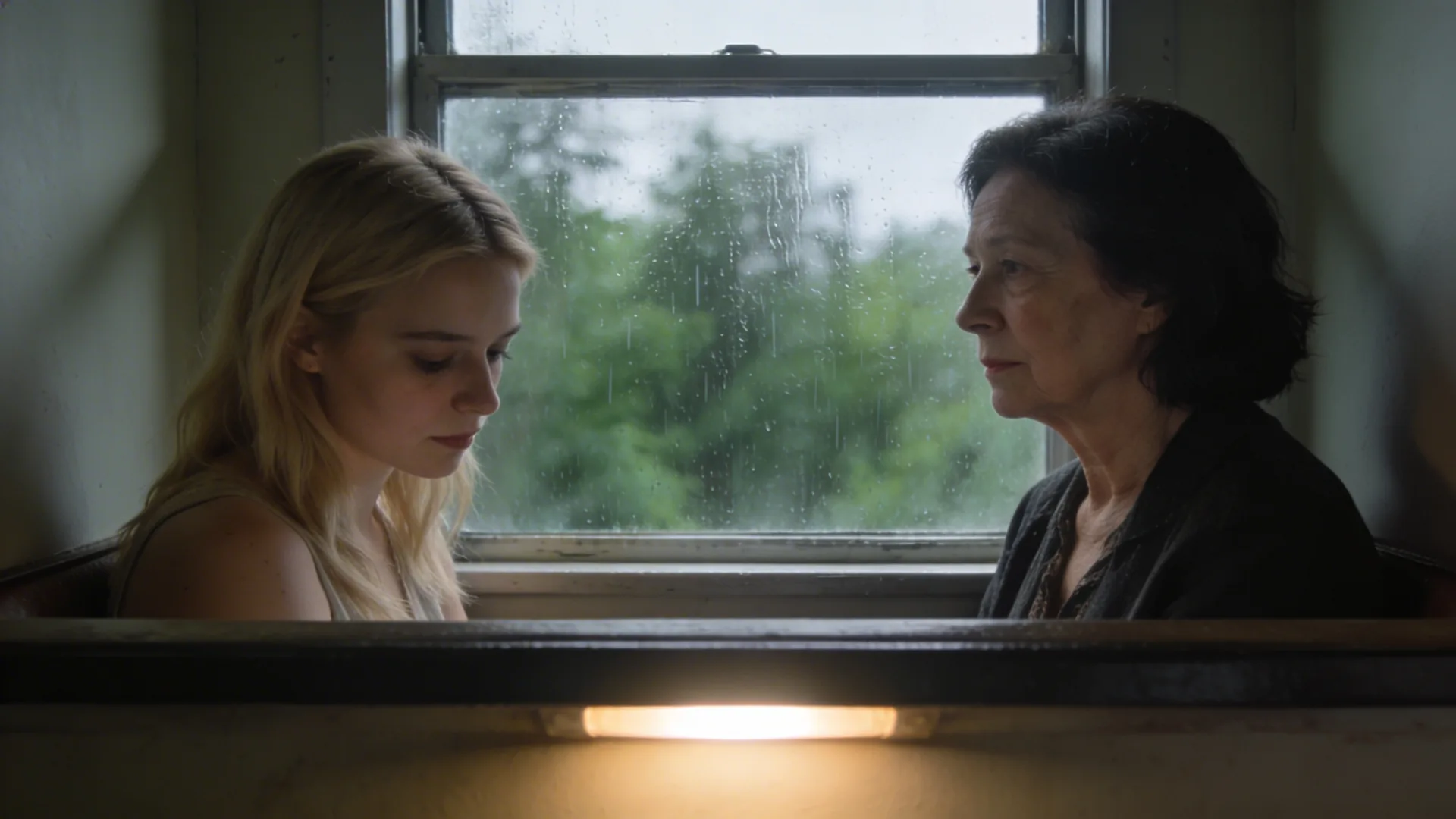 Woman seated at rainy window, gaze lowered inward, quiet stillness evoking the shift that begins when unresolved trauma is finally felt