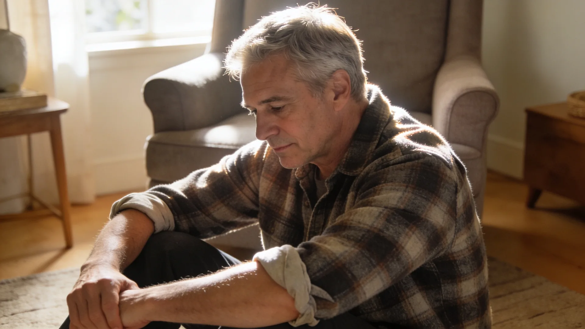 Man lying on wooden floor in Feeling Session posture for a 10-minute grief reset with palms down and eyes covered