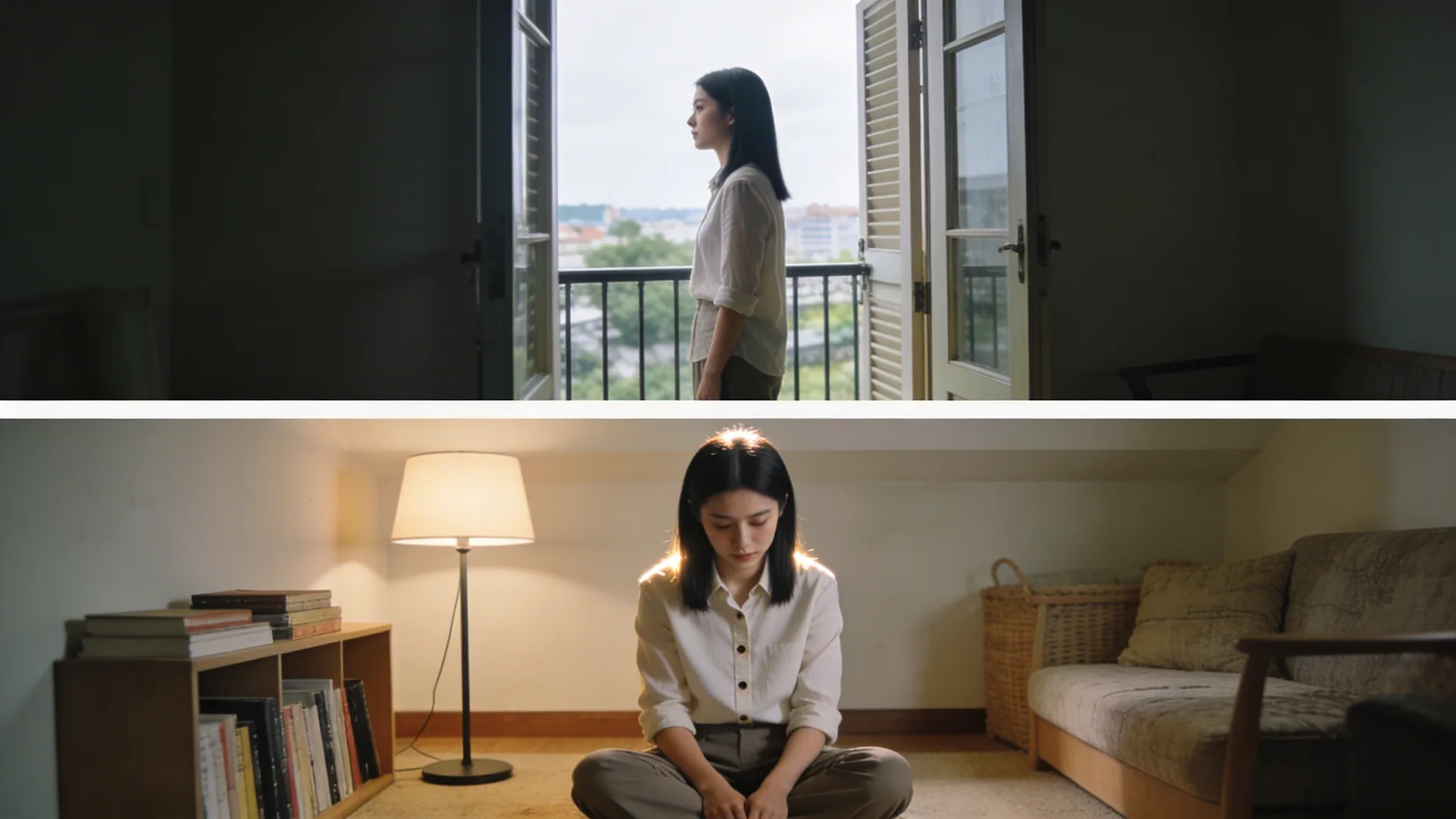 Woman standing at open balcony doorway looking outward reflecting on what changes when you stop measuring grief
