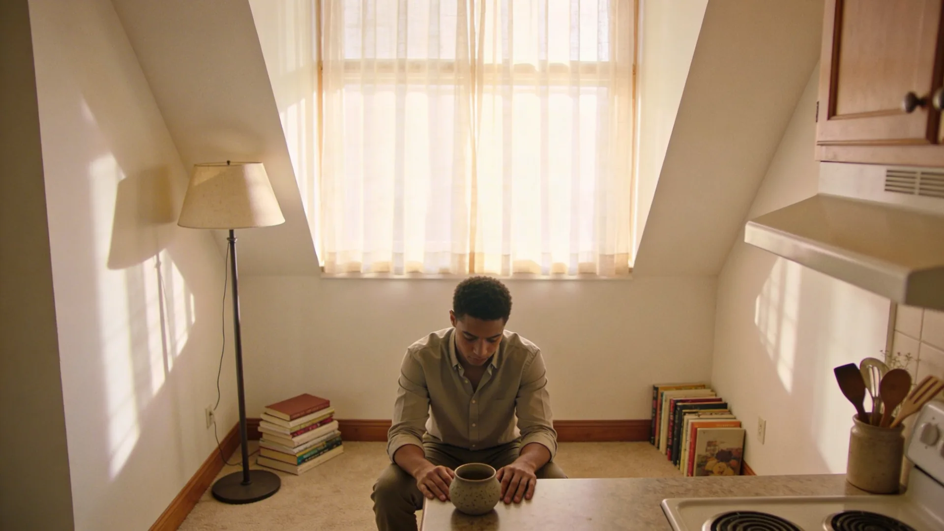 Hands resting on a stoneware bowl on a kitchen counter showing what grief does in the body when words stop working