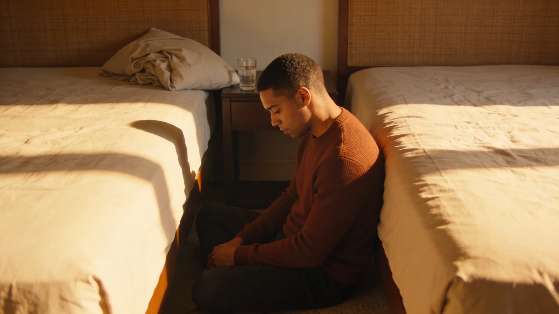 Glass of water on nightstand beside rumpled pillow showing what happens when you suppress emotions for too long
