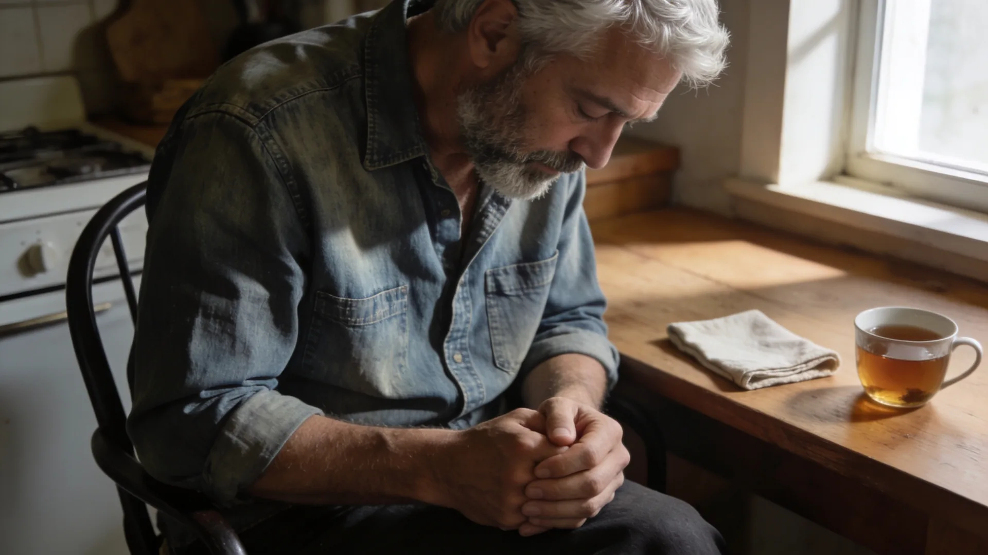 What is bereavement — close-up of two hands loosely held together in the lap, soft window light