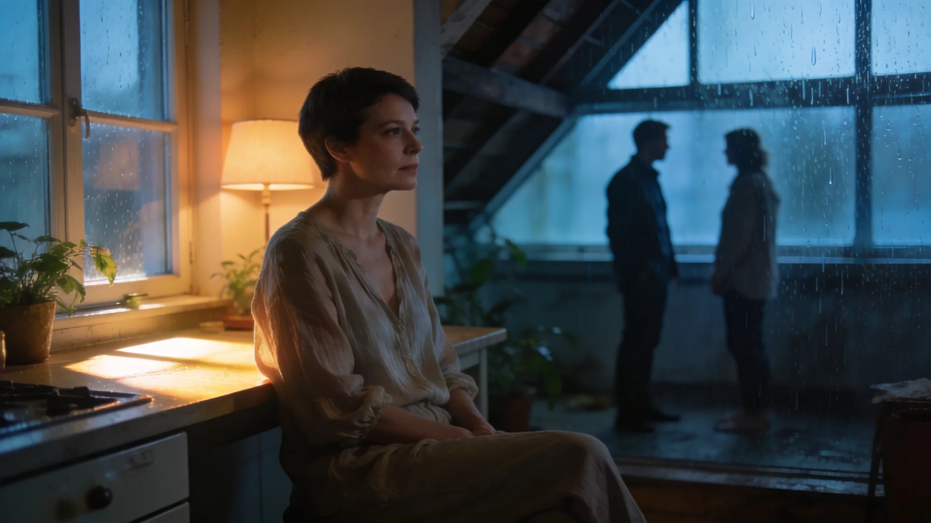 Two people standing apart near a rain-streaked loft window reflecting what is complicated grief through quiet shared stillness