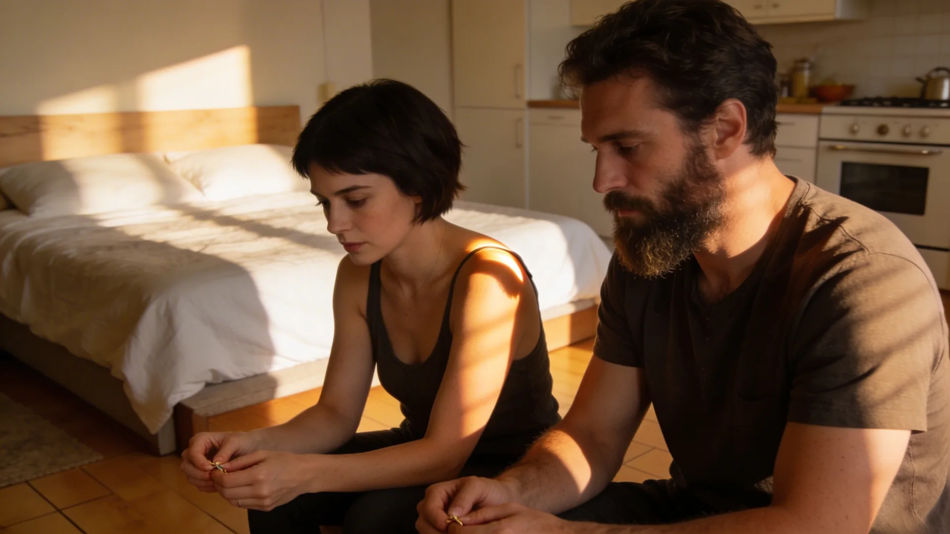 Two people sitting quietly on kitchen floor together, emotional neglect repeating in relationships