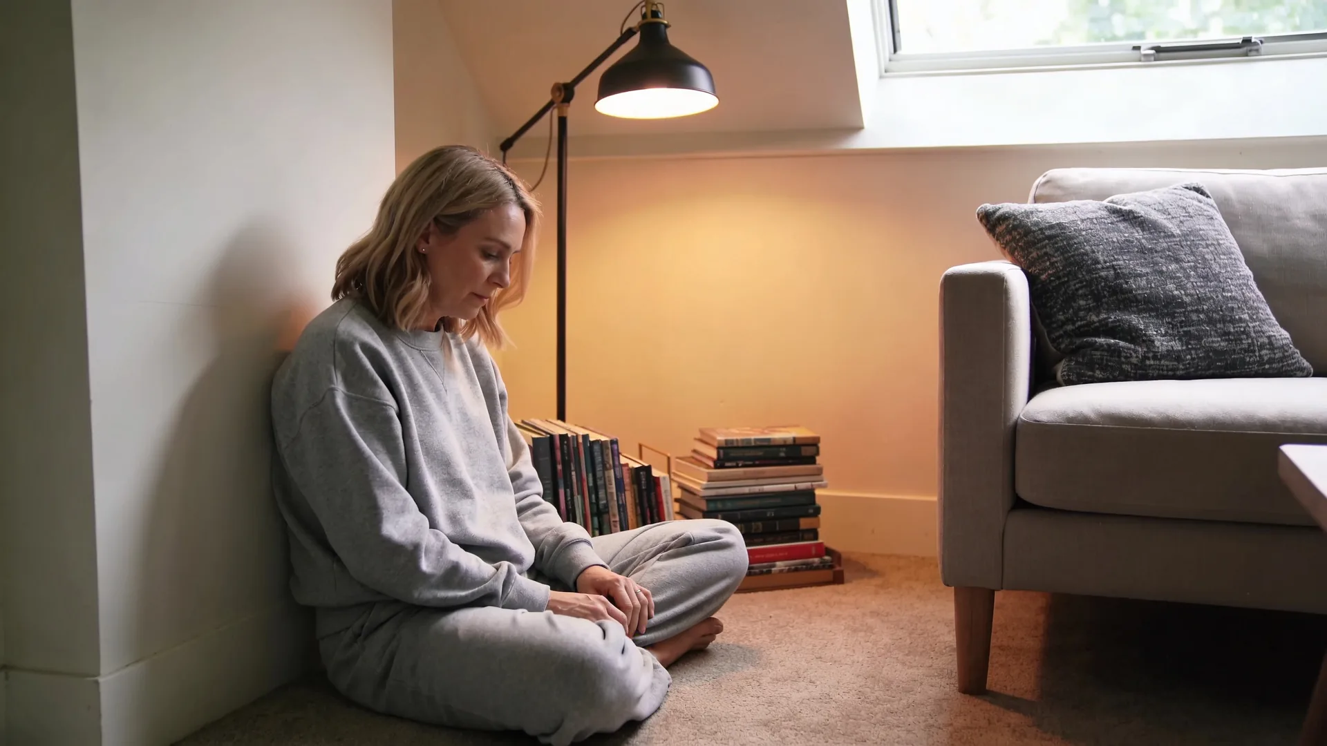 Man pausing in doorway between shadow and light at emotional turning point of self compassion