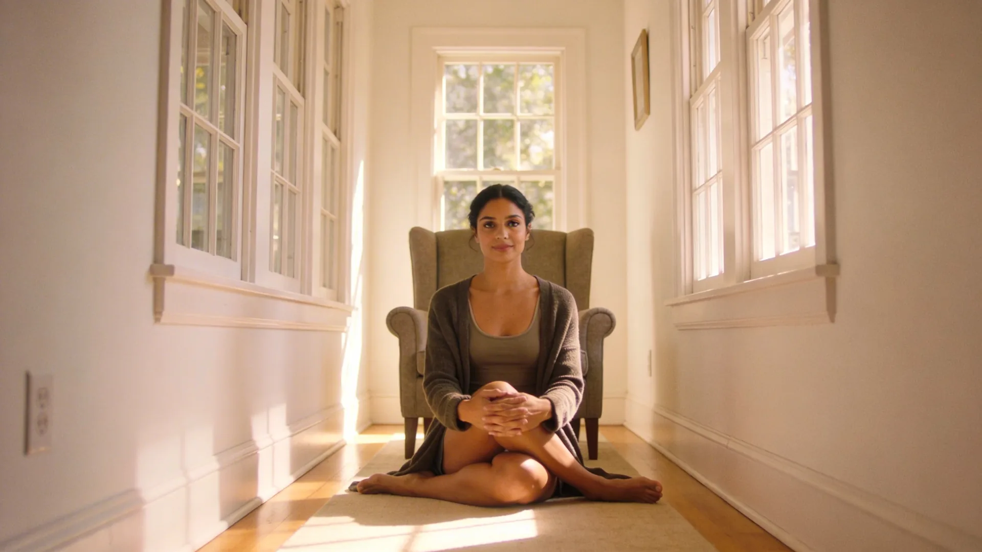 Man in a gentle seated fold on a sunlit hallway floor practicing a calm body-first somatic yoga practice at home