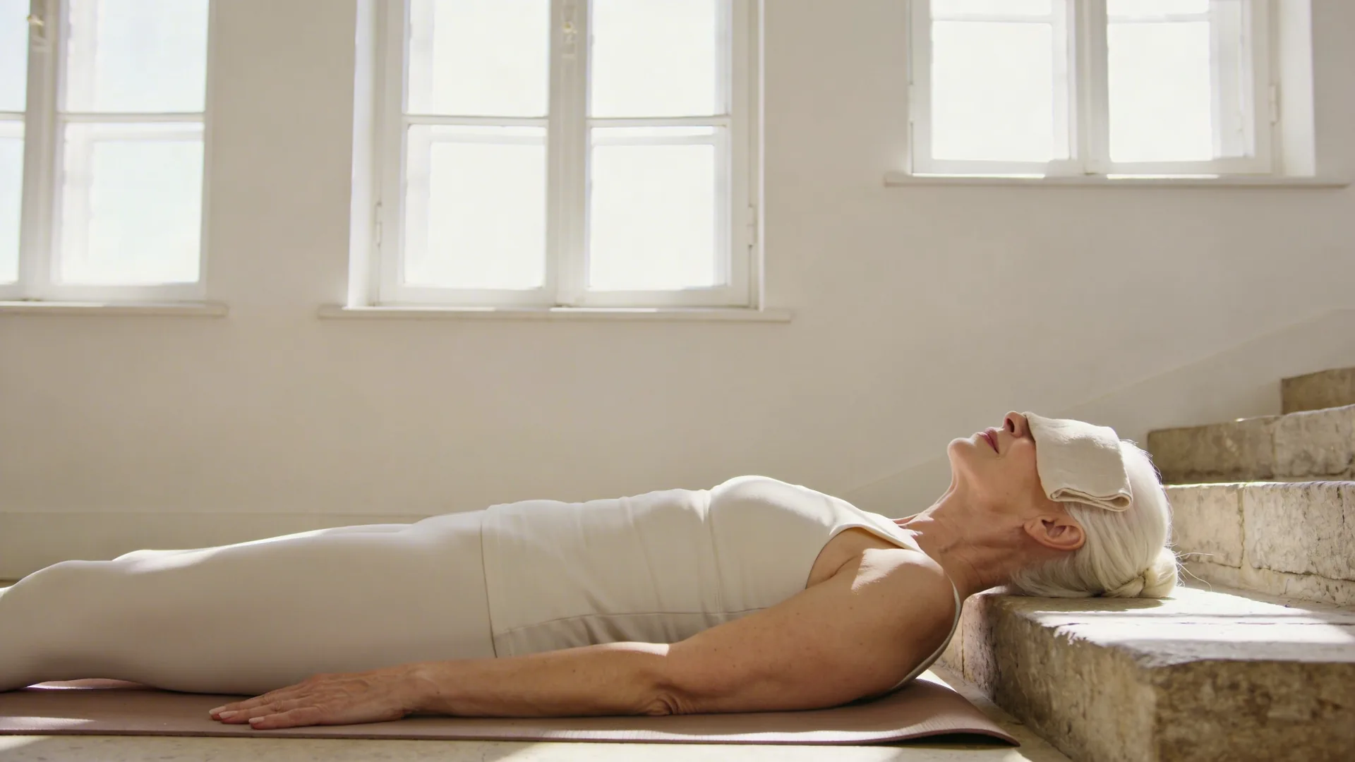 Man with relaxed throat and neck on stone steps in morning light showing what changed and softened through somatic yoga