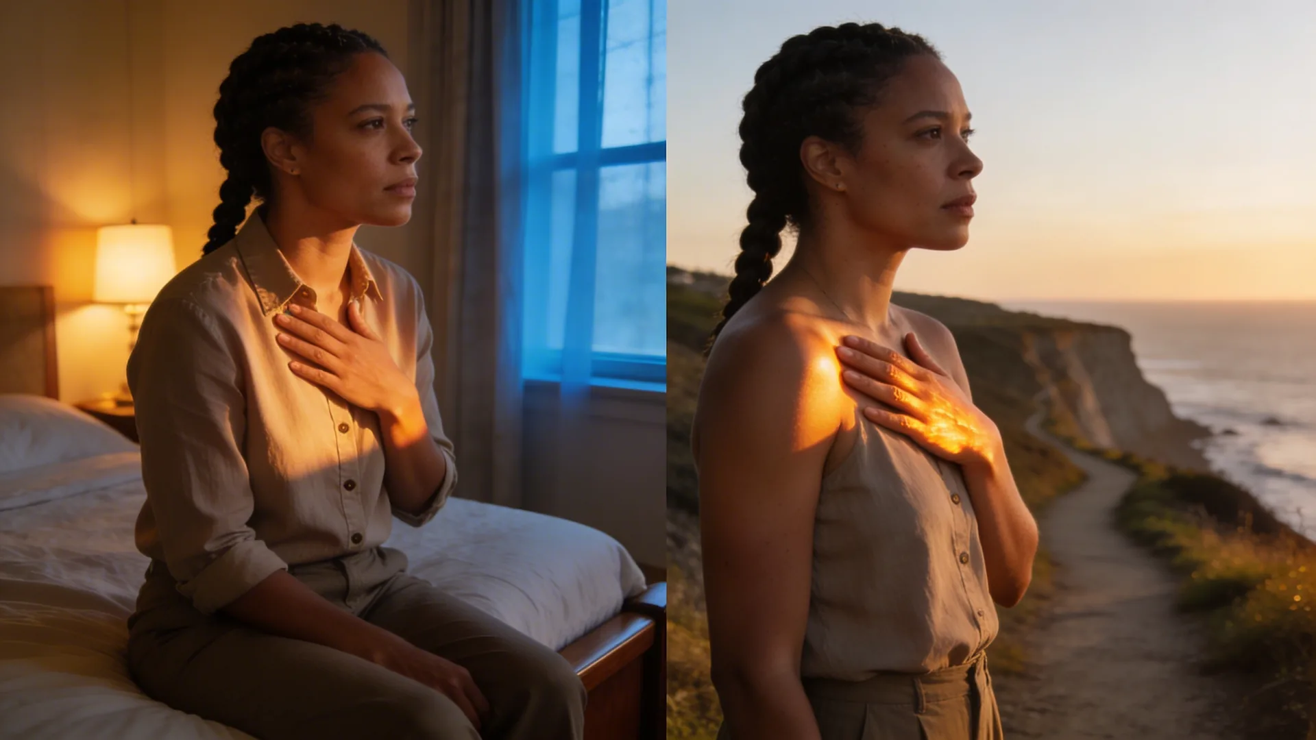 Man standing on coastal cliff path at golden hour hand on chest contemplating what is true love