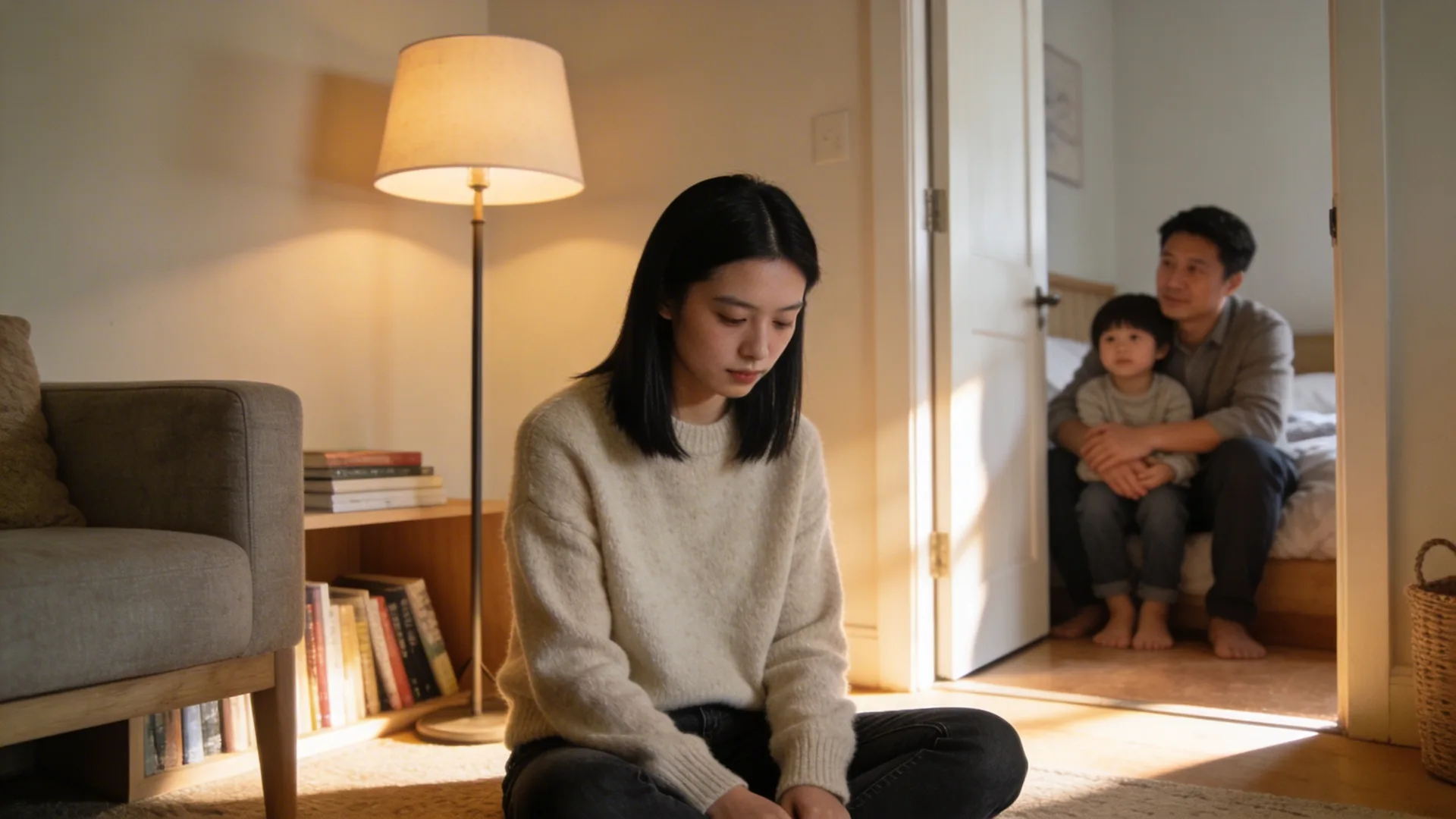 Parent and child sitting quietly in doorway threshold during a 10-minute reset before bedtime