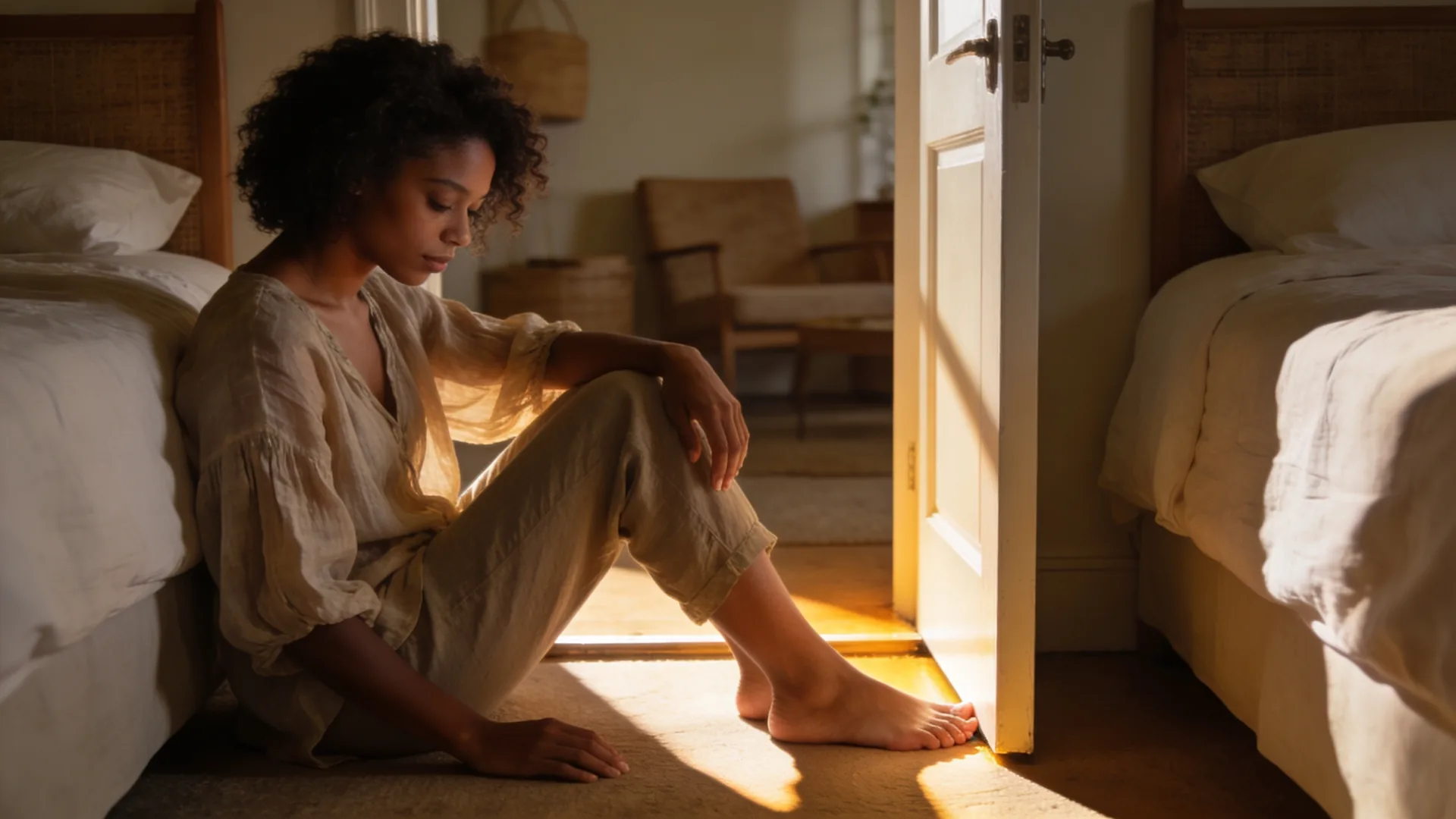Bare feet at a doorway threshold where warm light meets shadow showing what changes and softens first