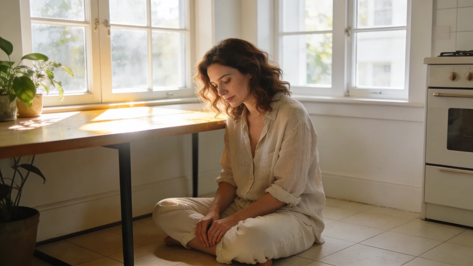 Woman standing relaxed in sunlit doorway illustrating what quietly keeps the meditation anxiety cycle going
