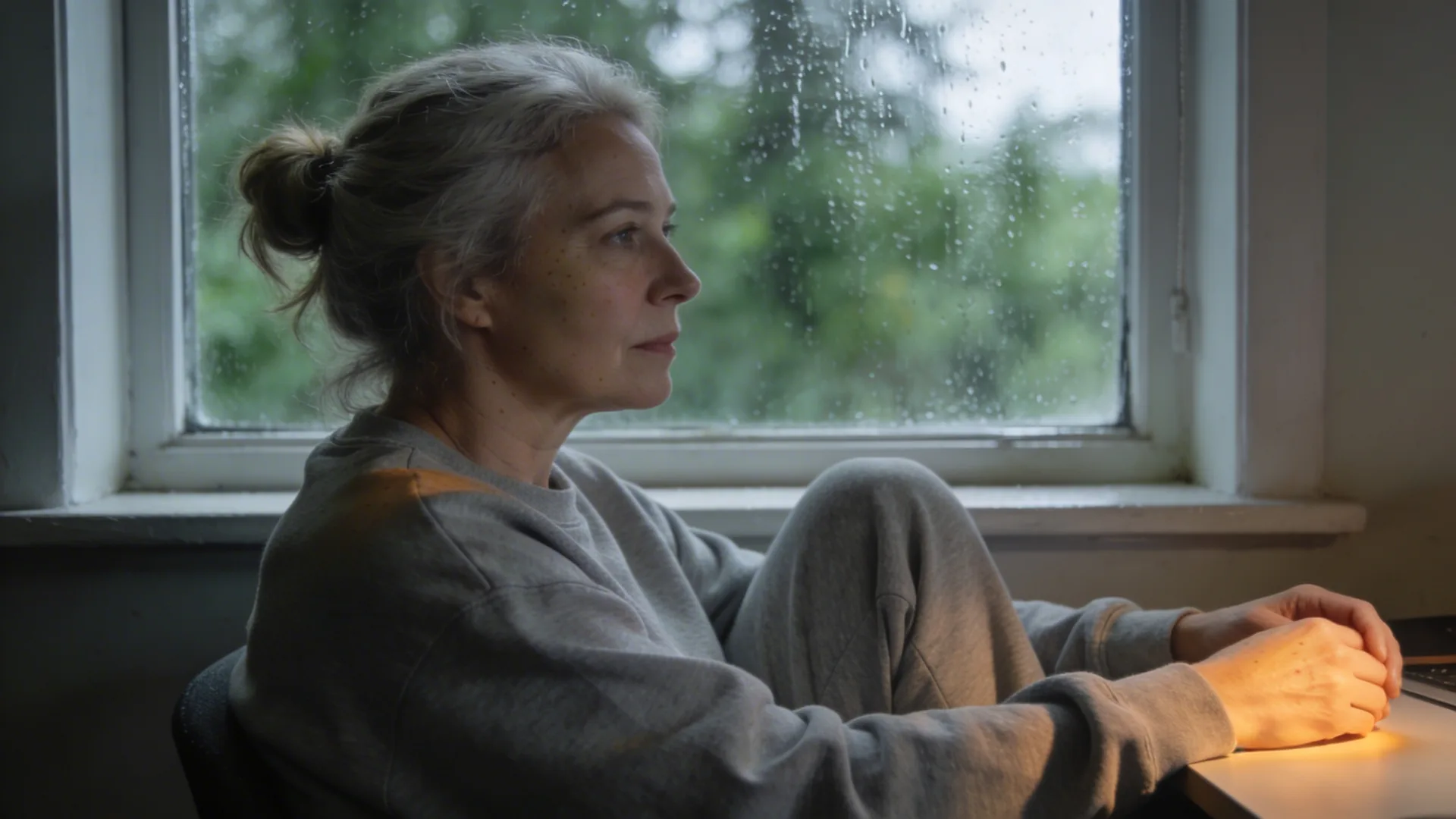 Person sitting at desk by rain-streaked window wondering why cant i cry anymore as water shadows play across the surface