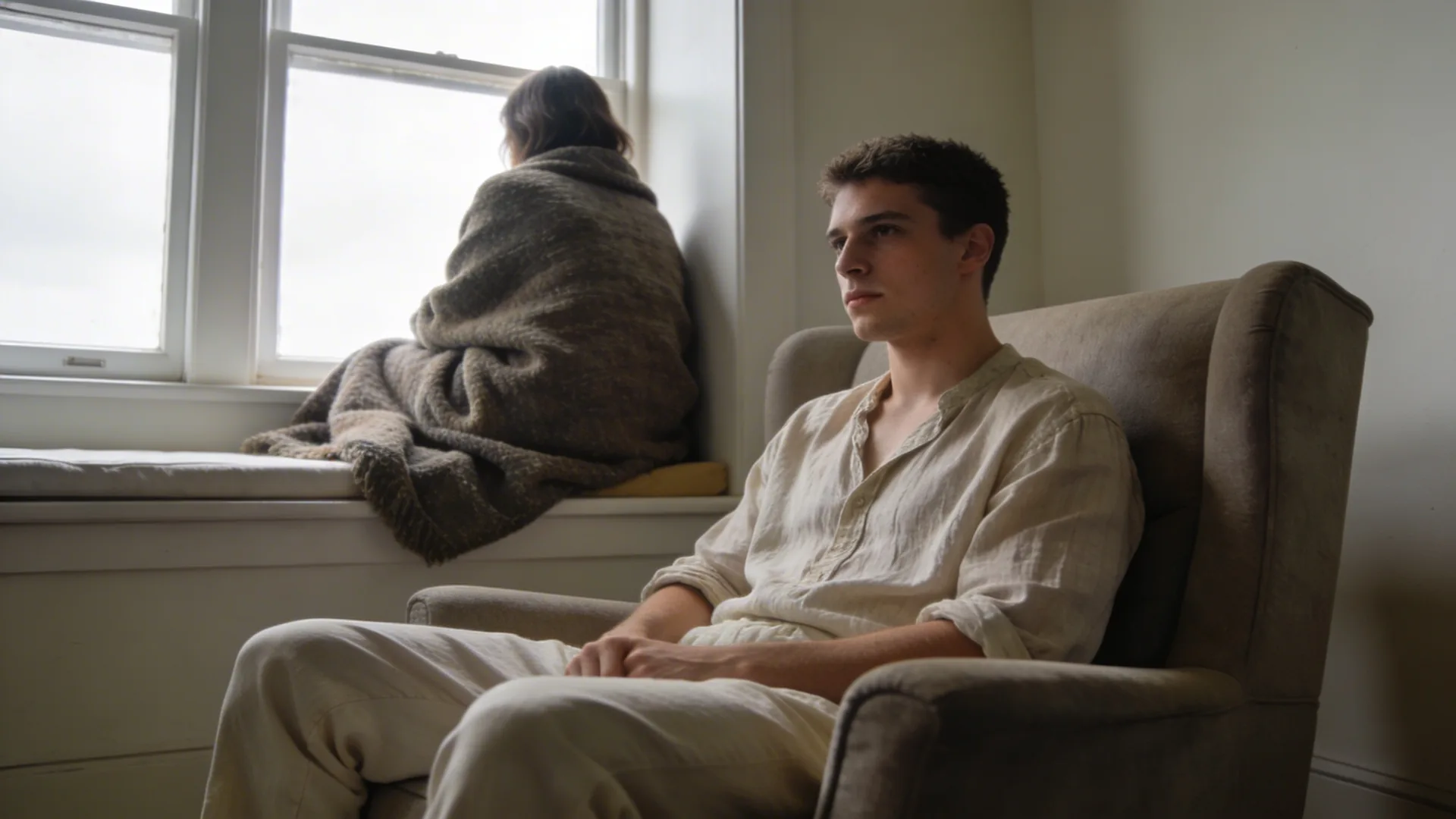 Man wrapped in heavy blanket on window seat wondering why can't I cry anymore, warm lamp light in dim room