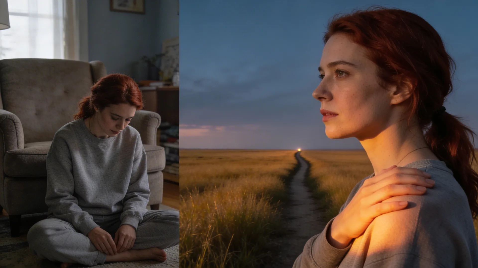 Woman standing at edge of vast golden grassland looking toward horizon path, evoking why cant i cry emotional stillness