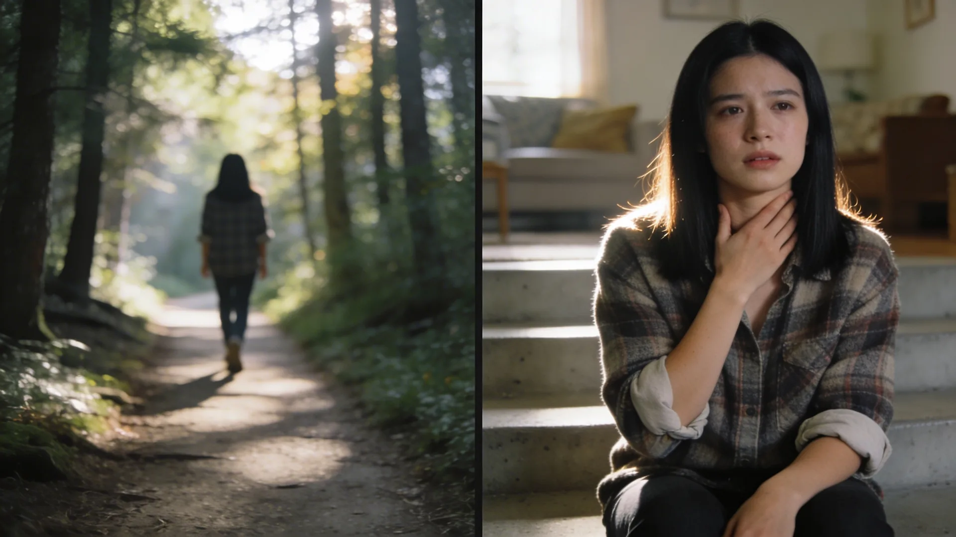 Woman sitting on concrete steps with hand near throat in natural light, pathway descending, emotional numbness shifting toward release