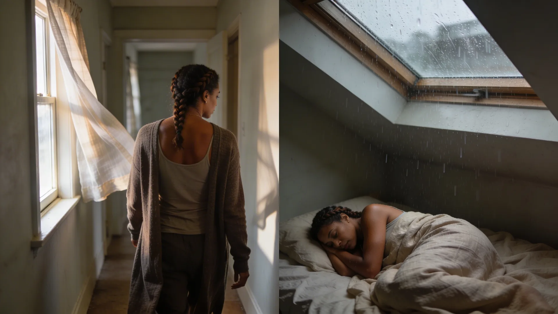 Overhead view of woman curled on linen bed wondering why can't I cry as rain falls on skylight above