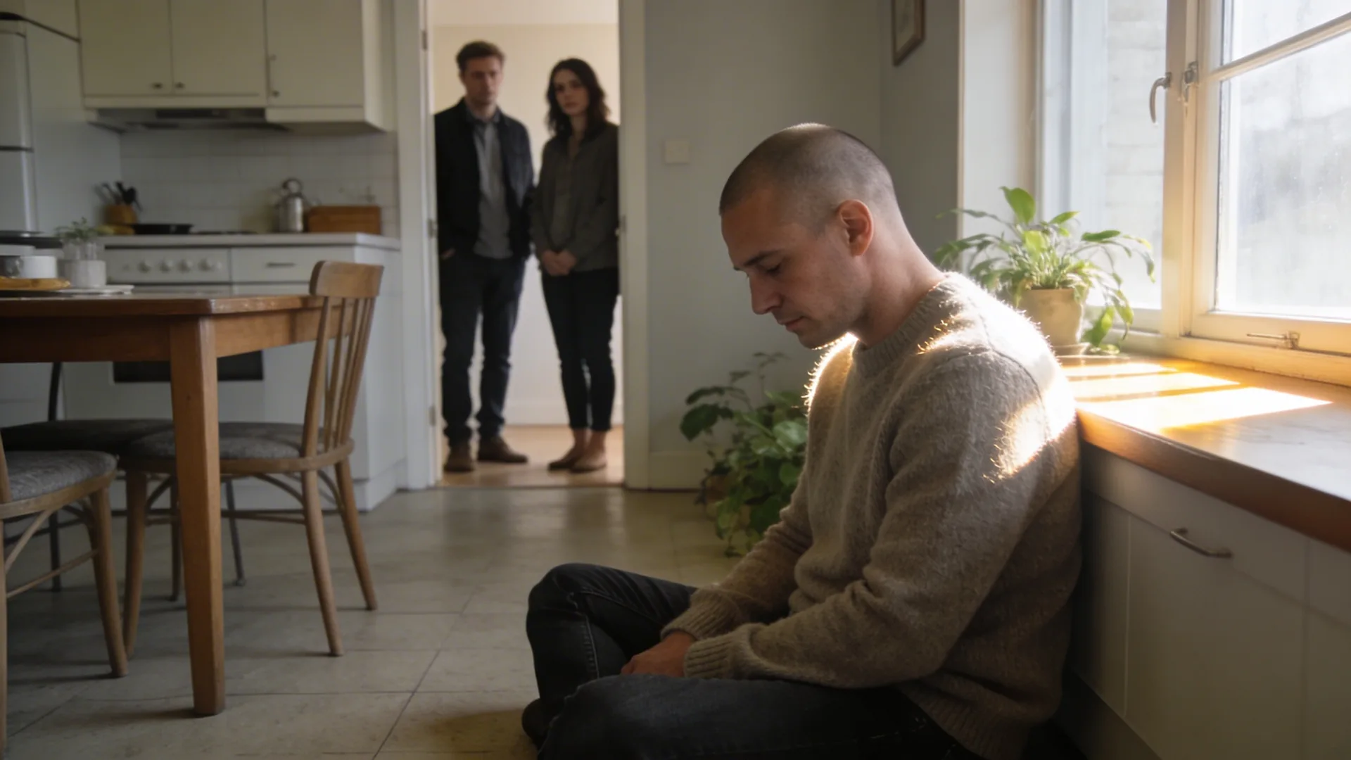Two people standing quietly in a kitchen doorway illustrating why the emptiness loop keeps repeating