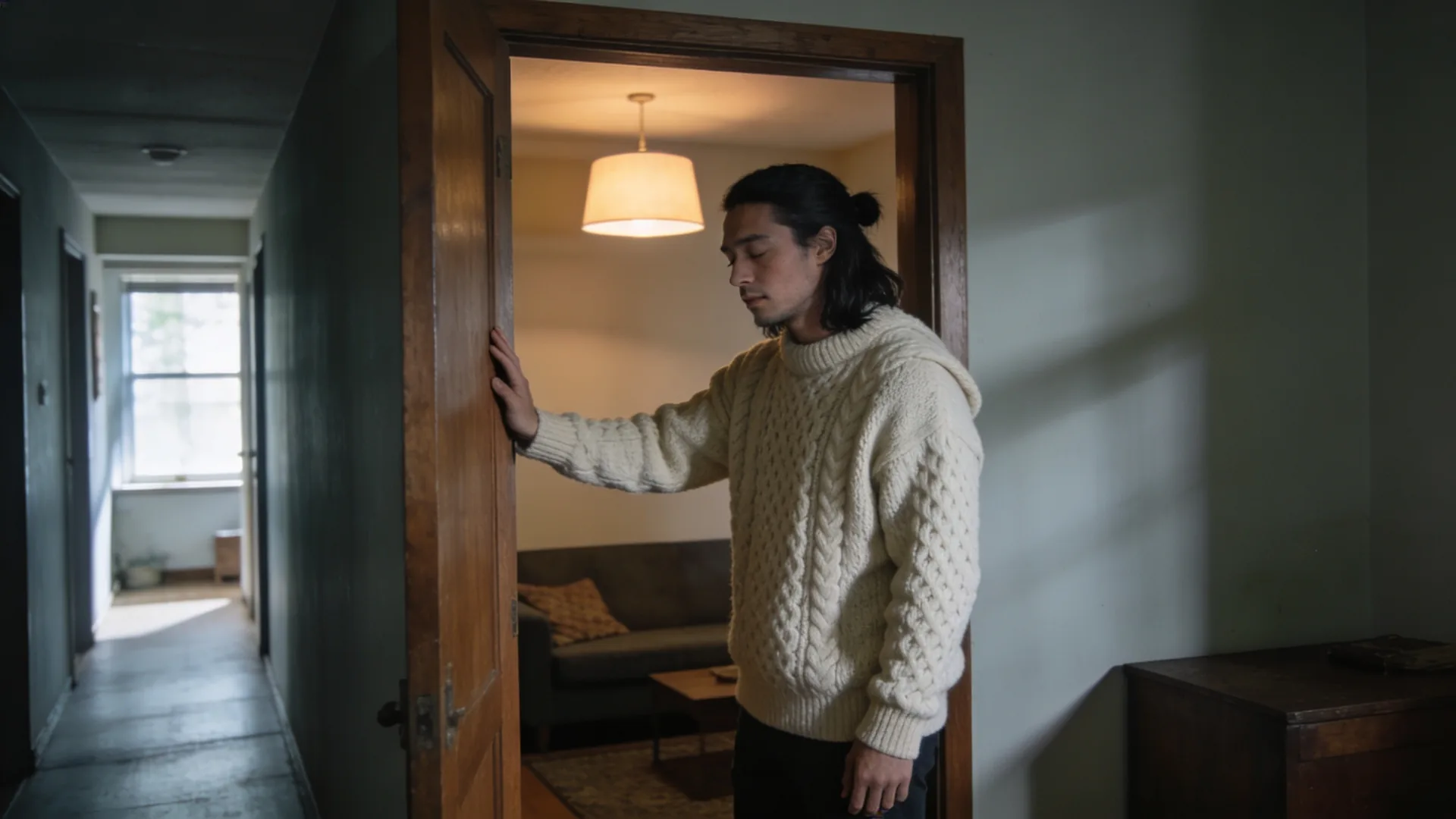 Why do i feel empty — standing in a doorway between hallway and living room, hand on the doorframe