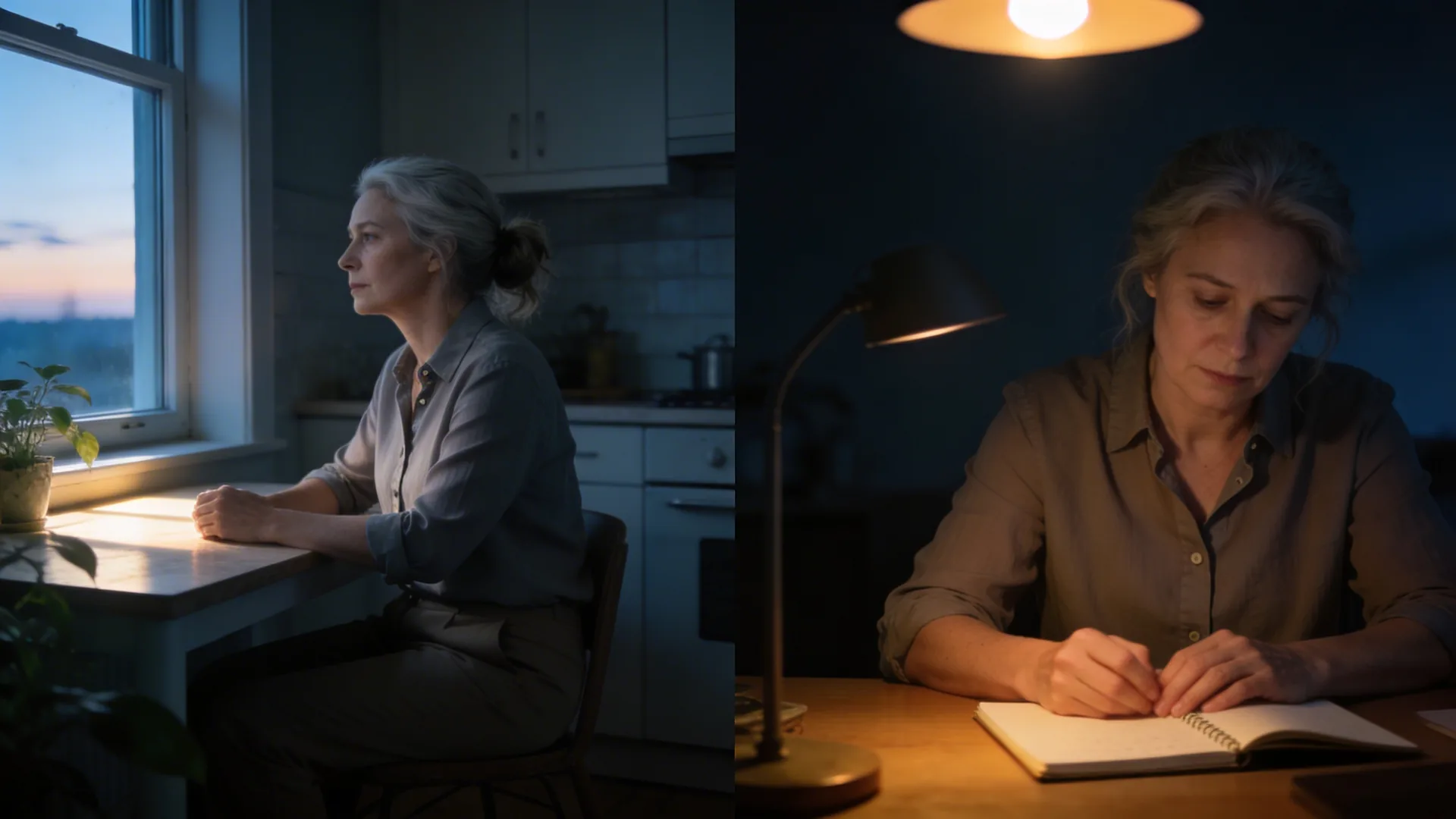 Person sitting at a dimly lit desk at night wondering why do I hate myself with warm lamp light on hands and notebook