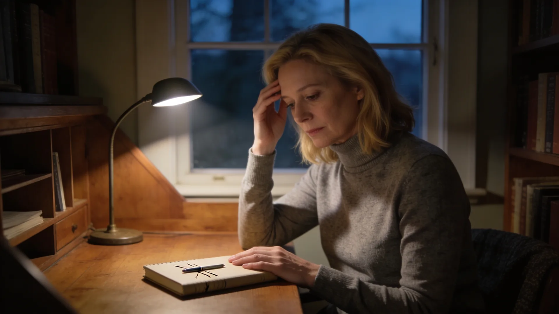 Why do i overthink everything — seated at a writing desk by a window, hand on a closed notebook, evening lamp