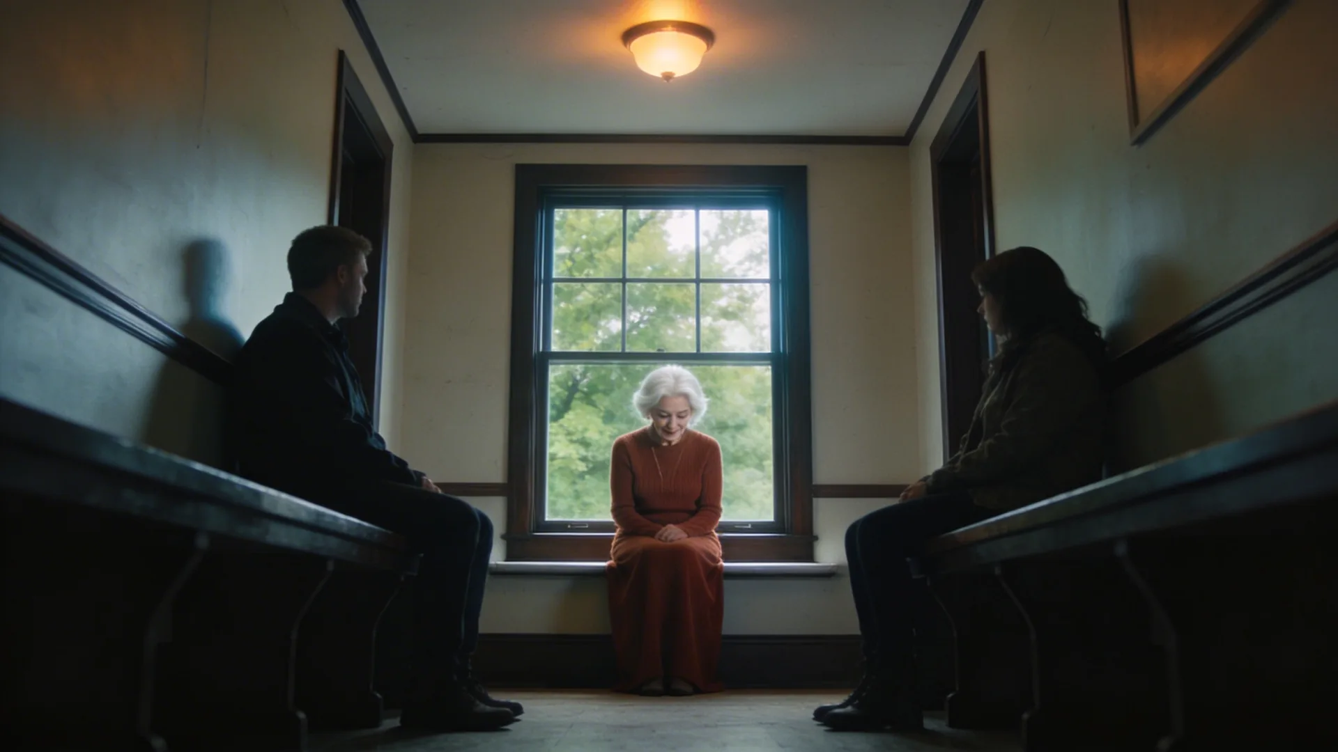 Two people sitting apart on a hallway bench in quiet stillness, showing when your body goes quiet it is trying to protect you