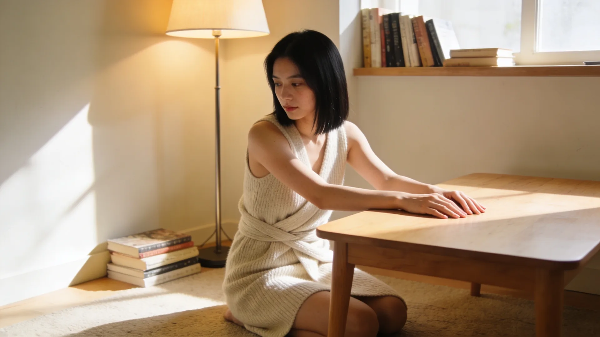 Relaxed hands resting palms down on a wooden kitchen table in soft light, a 12-minute practice for emotional shutdown