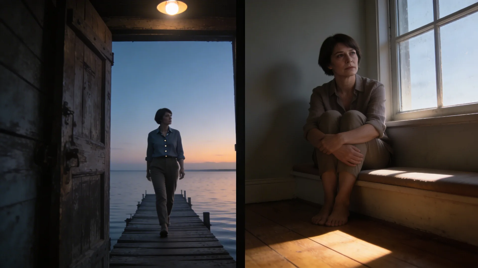 Woman curled on window seat wondering why does my childhood still hurt me, morning light on wooden floor
