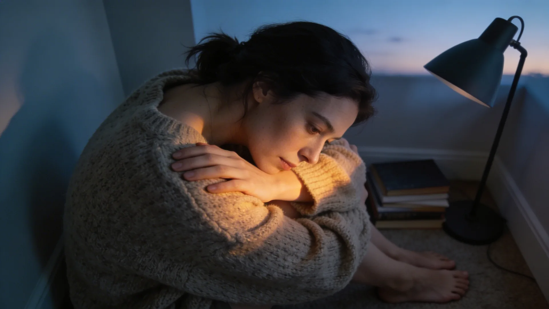 Woman sitting alone in a dim bathroom at night, shoulders curved inward, embodying why anxiety is worse at night