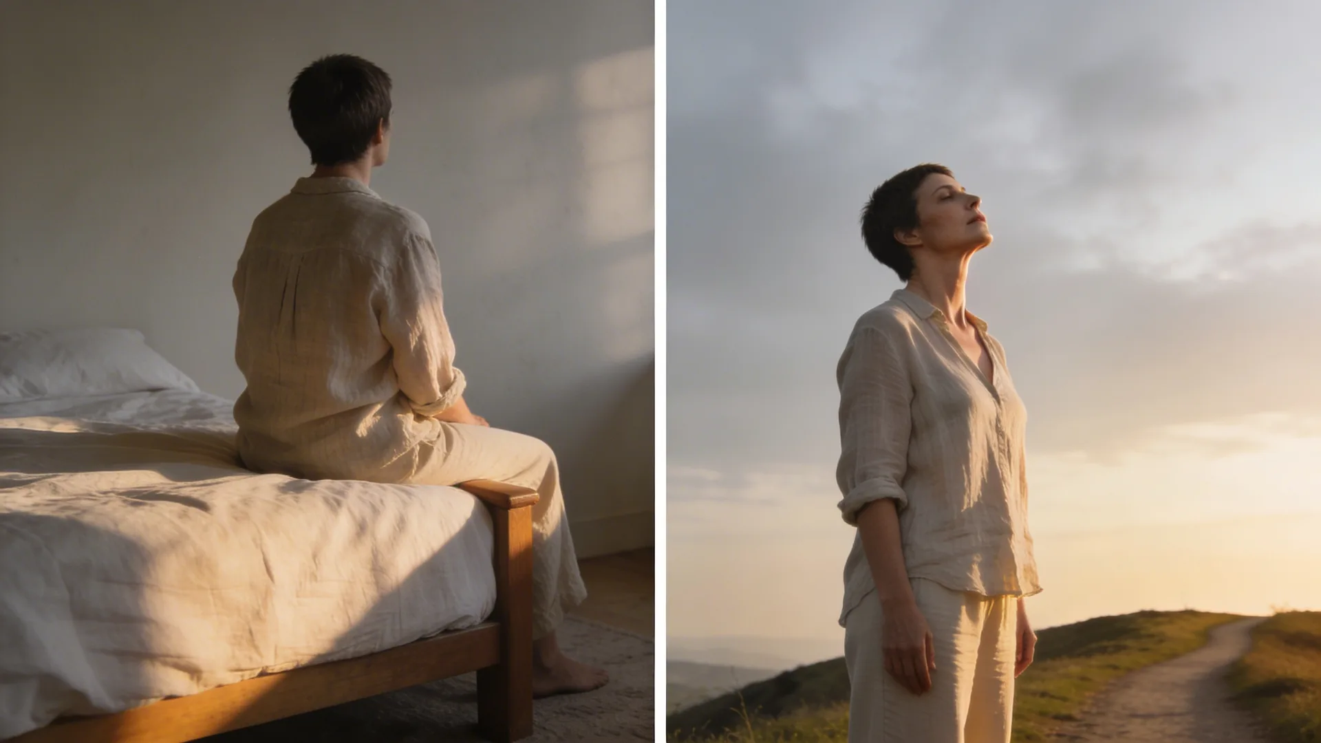 Man standing on open hillside path at golden hour with throat exposed, beginning yoga for emotional release