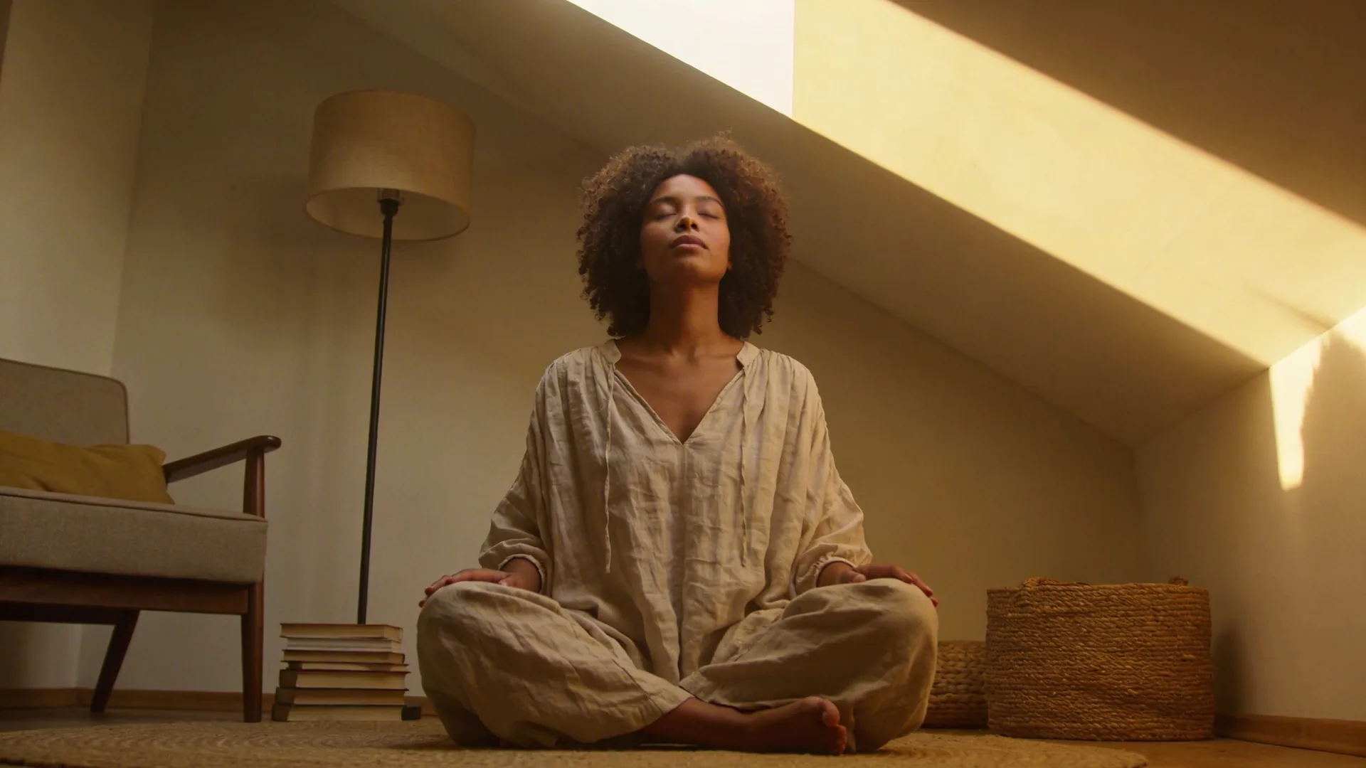 Man sitting on floor after emotional release practice with body visibly softened and eyes closed