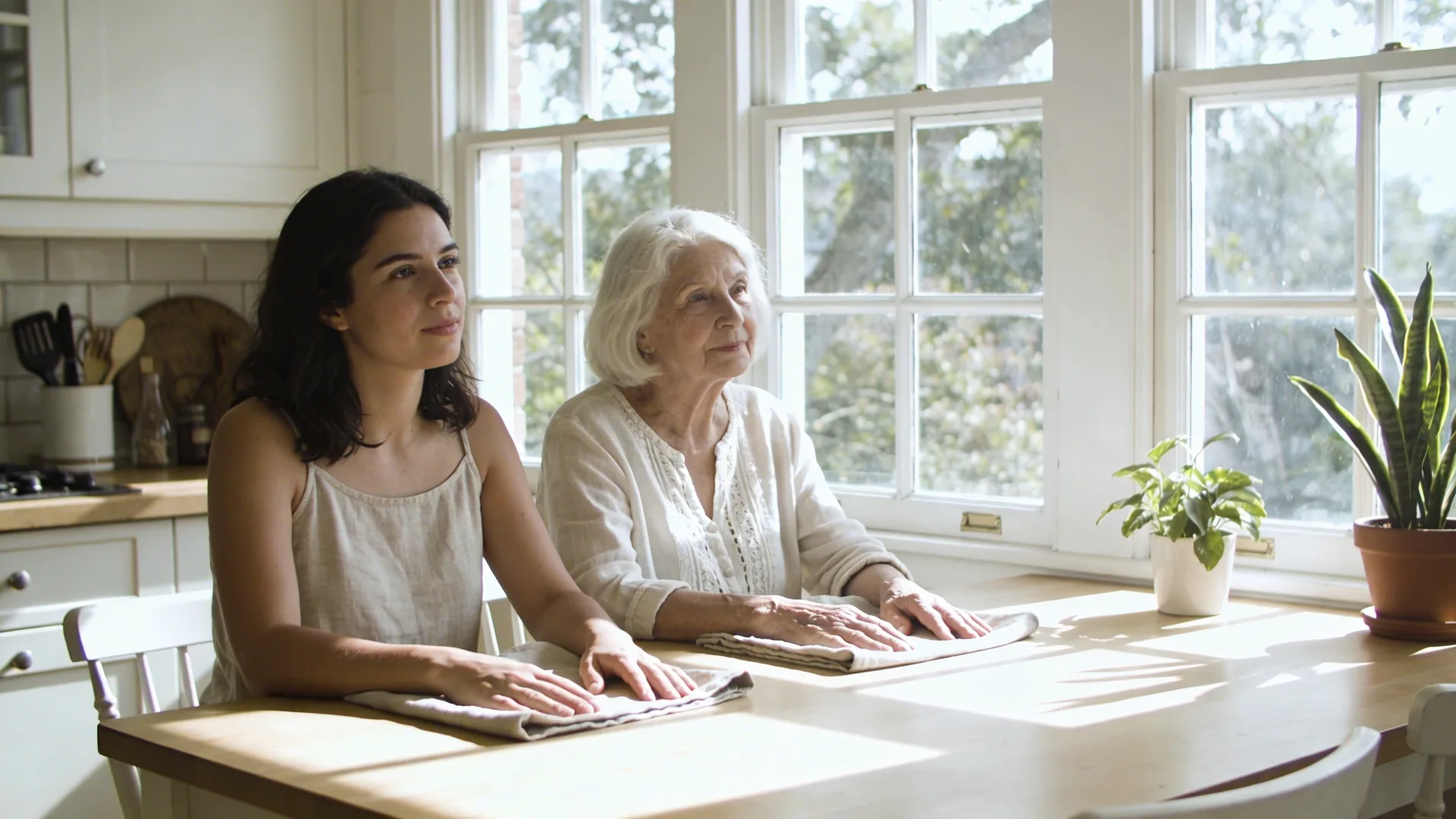 Relaxed open hand resting on linen lap in warm light, showing what softens when you are not your thoughts